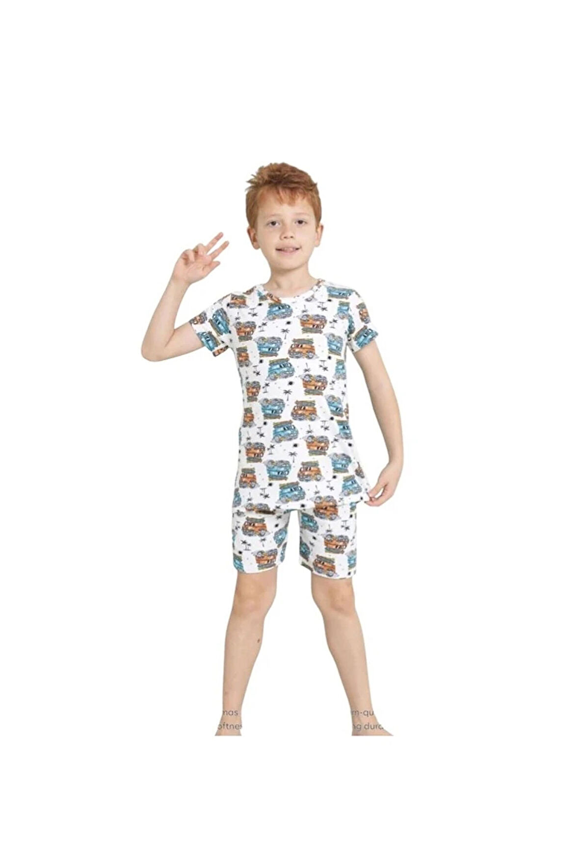 ELMKP Ekru Safari Desen Erkek Çocuk Şortlu Pijama Takımı 3-10 Yaş 3103-1