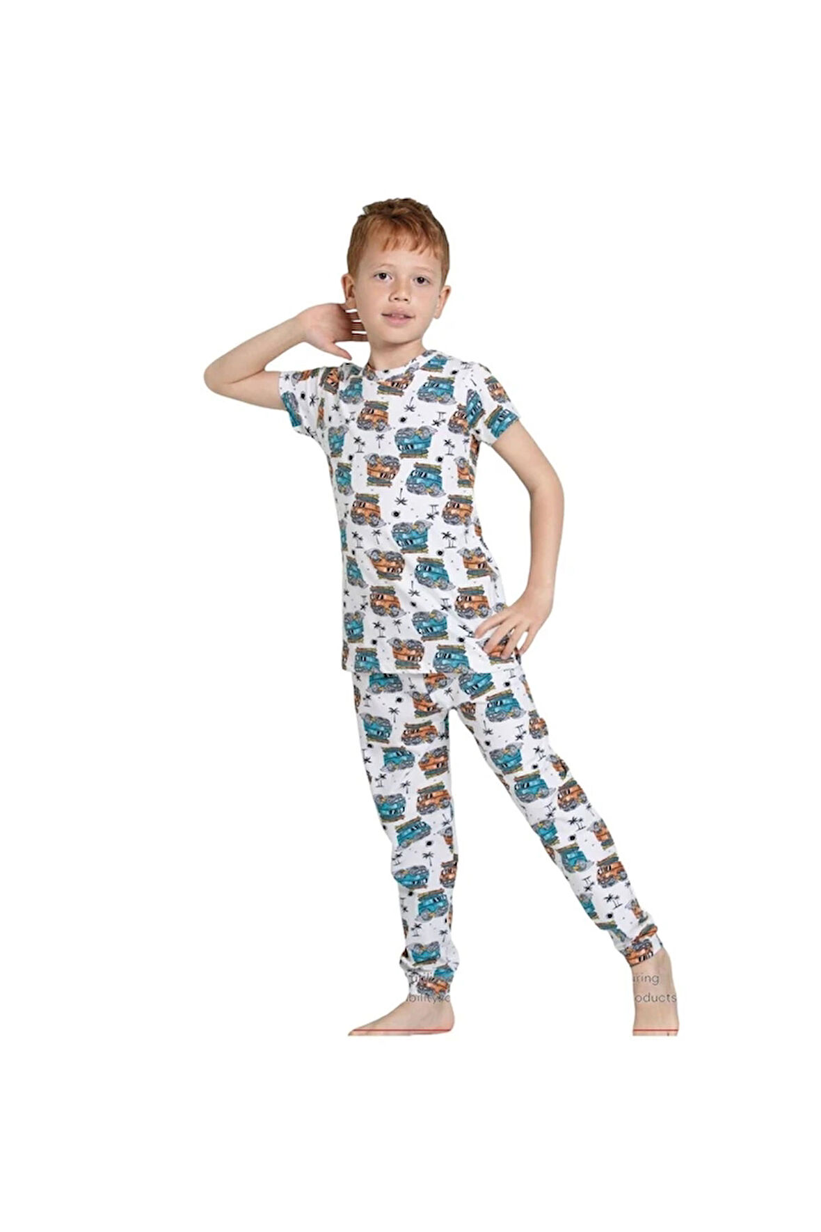 ELMKP Krem Safari Desen Erkek Çocuk Pijama Takımı 3-10 Yaş 3103