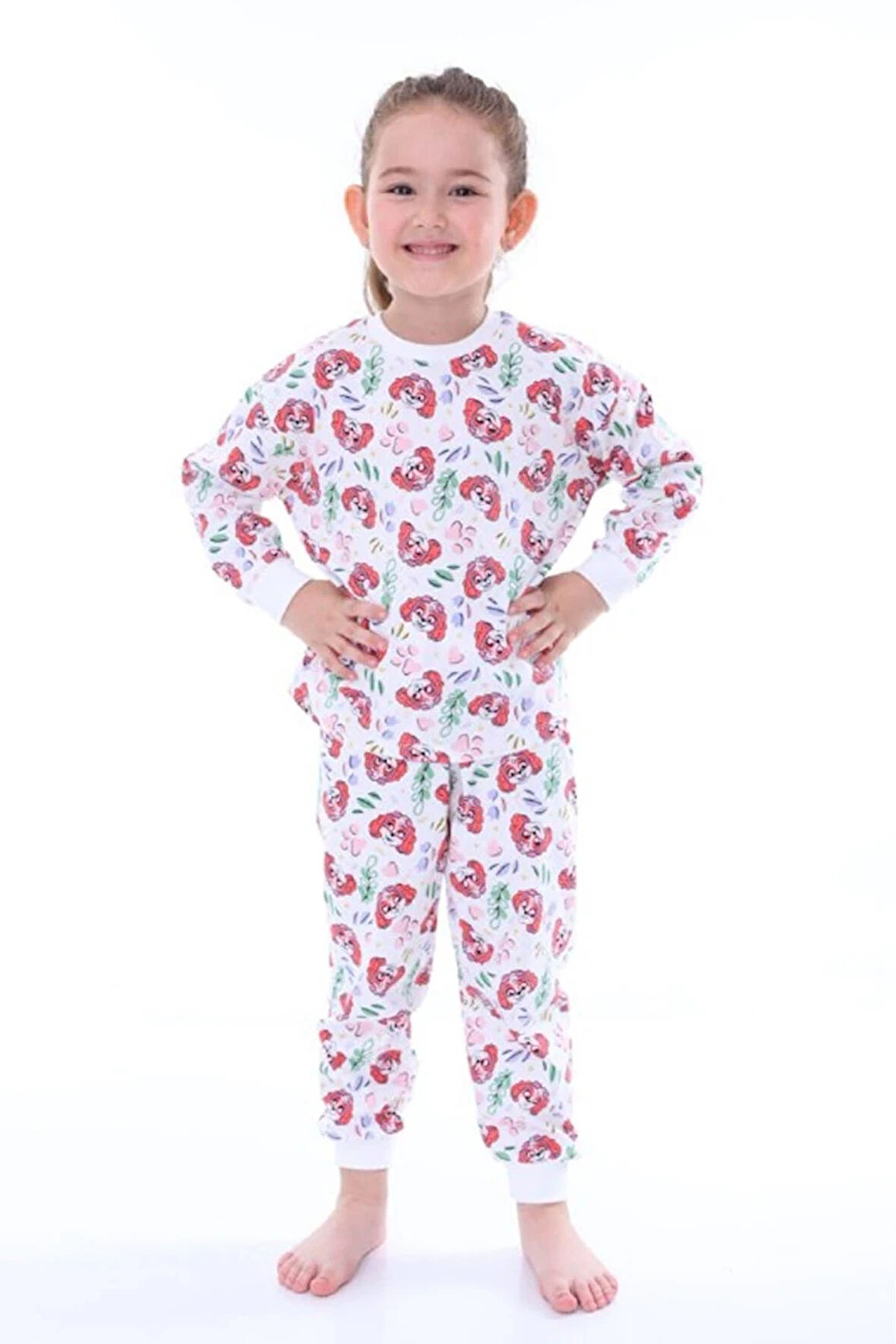 İSOB Ekru Paw Petrol Desenli %100 Pamuk Kız Çocuk Pijama Takımı 3-8 Yaş 31206-E