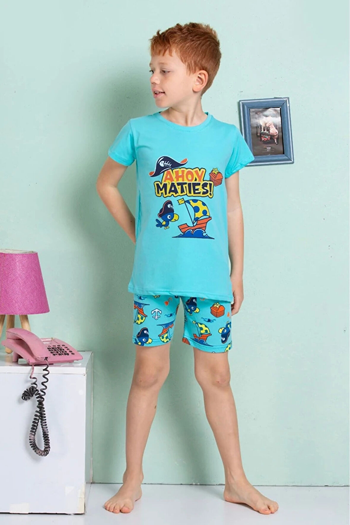 ELMKP Turkuaz Papağan Desen Erkek Çocuk Şortlu Pijama Takımı 3-10 Yaş 3201