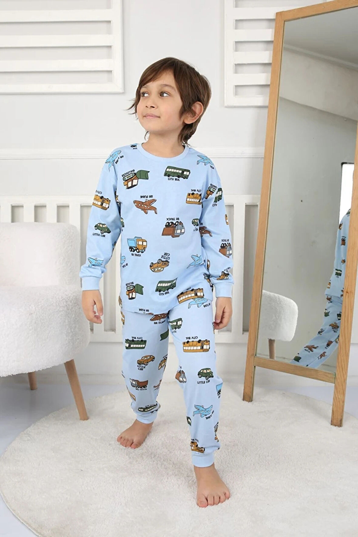 İSOB Mavi Taşıtlar Desenli %100 Pamuk Erkek Çocuk Pijama Takımı 3-8 Yaş 32231-M