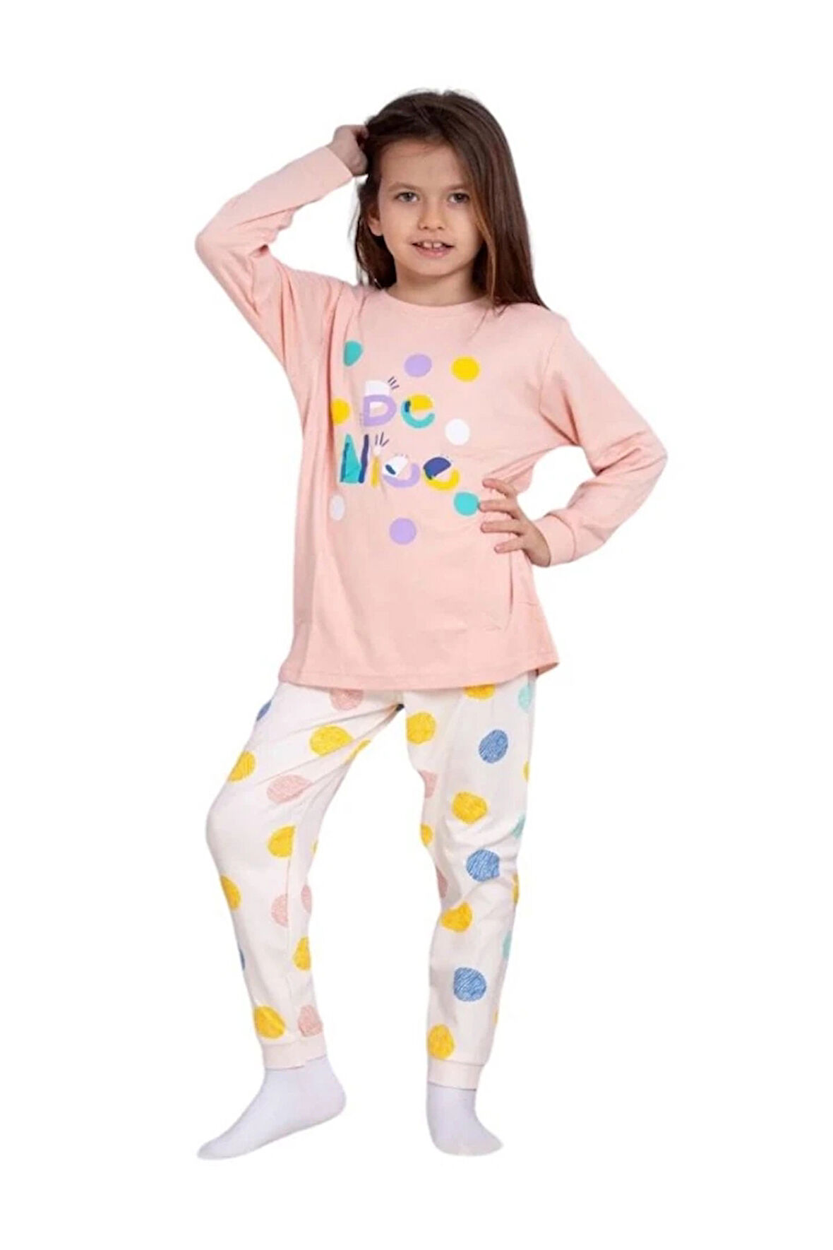*ELMP Puantiye Desen %100 Pamuk Kız Çocuk Pijama Takımı 2-3 Yaş 4003