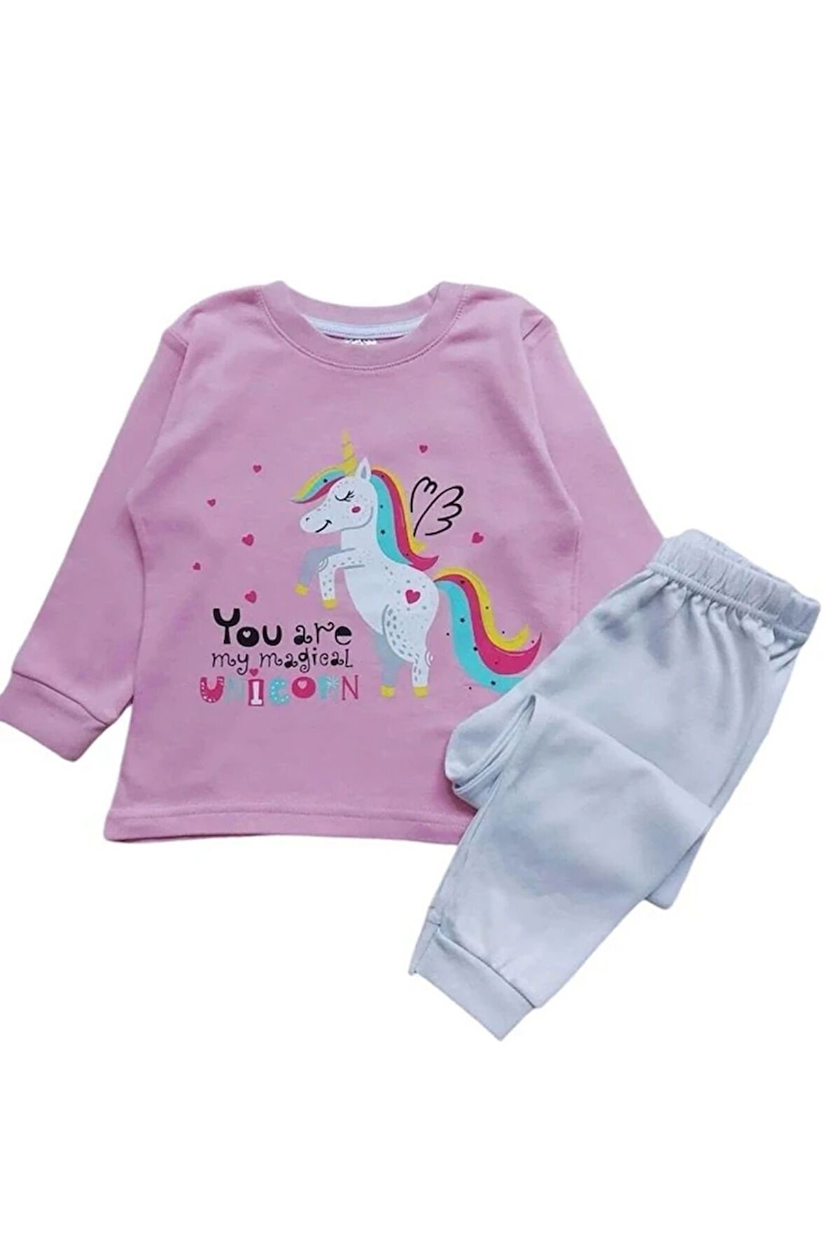 ELMP Gül Kurusu Unicorn Desen %100 Pamuk Kız Çocuk Pijama Takımı 1-9 Yaş 4009
