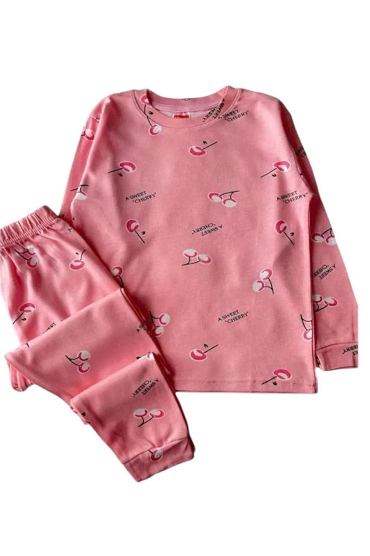 *ELMP Pudra Kiraz Desen %100 Pamuk Kız Çocuk Pijama Takımı 1-9 Yaş 4011