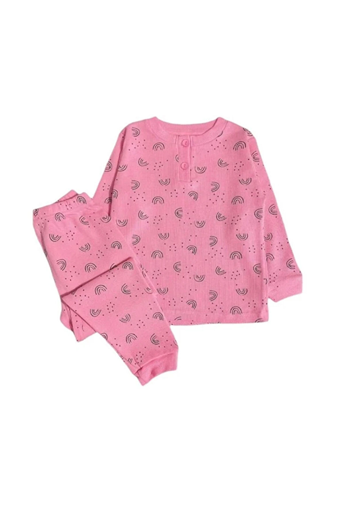 *ELMP Pembe %100 Pamuk Waffle Kumaş Çocuk Pijama Takımı 1-9 Yaş 4034