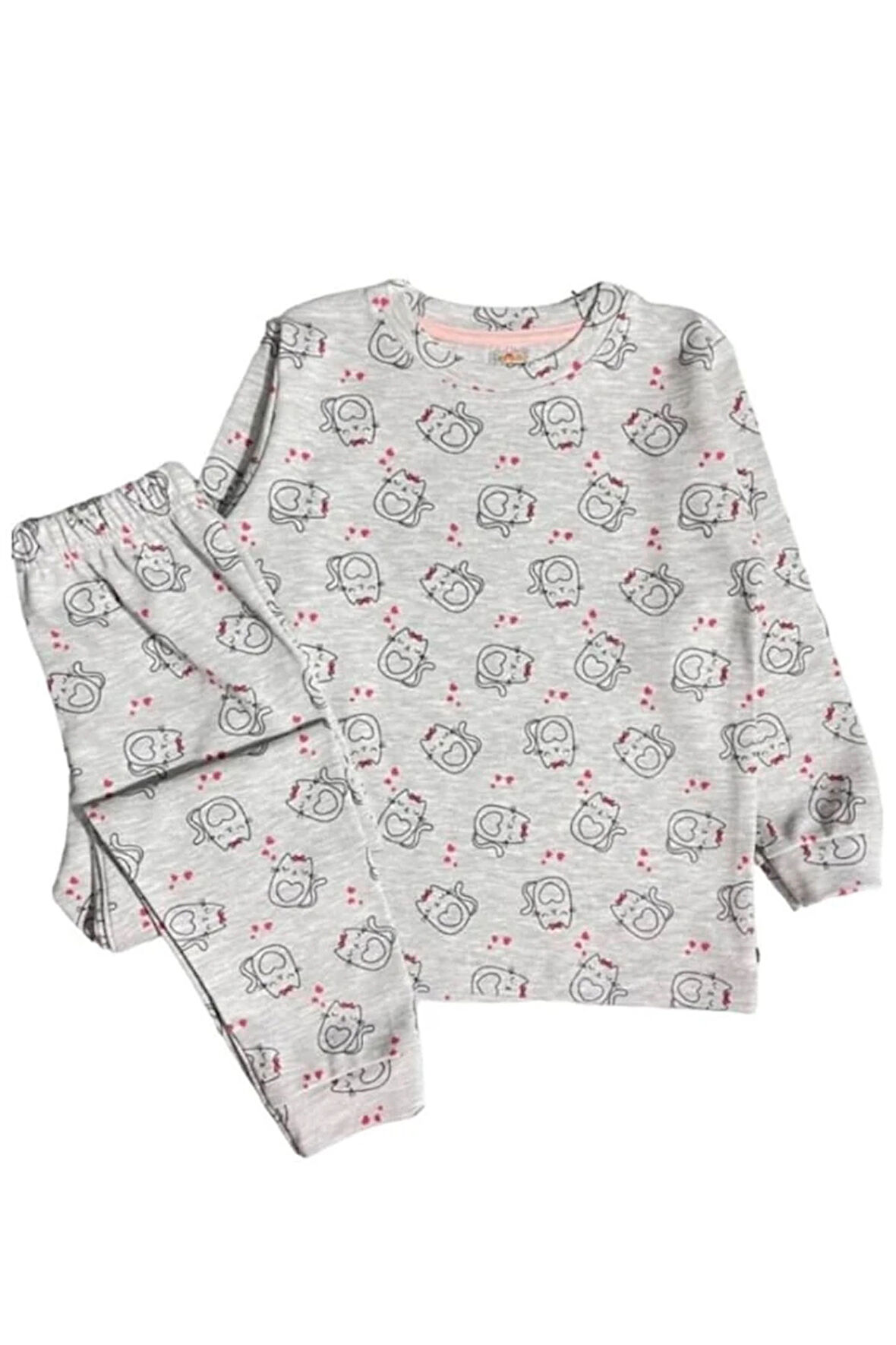 *ELMP Gri Kedicikli %100 Pamuk Kız Çocuk Pijama Takımı 1-9 Yaş 4037