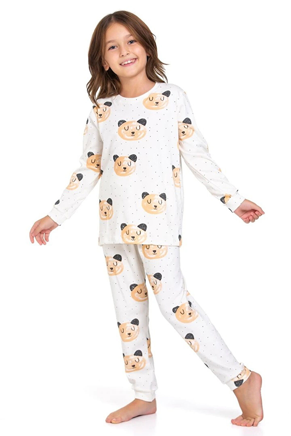 ELMP Ekru Ayıcık Desenli %100 Pamuk Kız Çocuk Pijama Takımı 1-13 Yaş 4055
