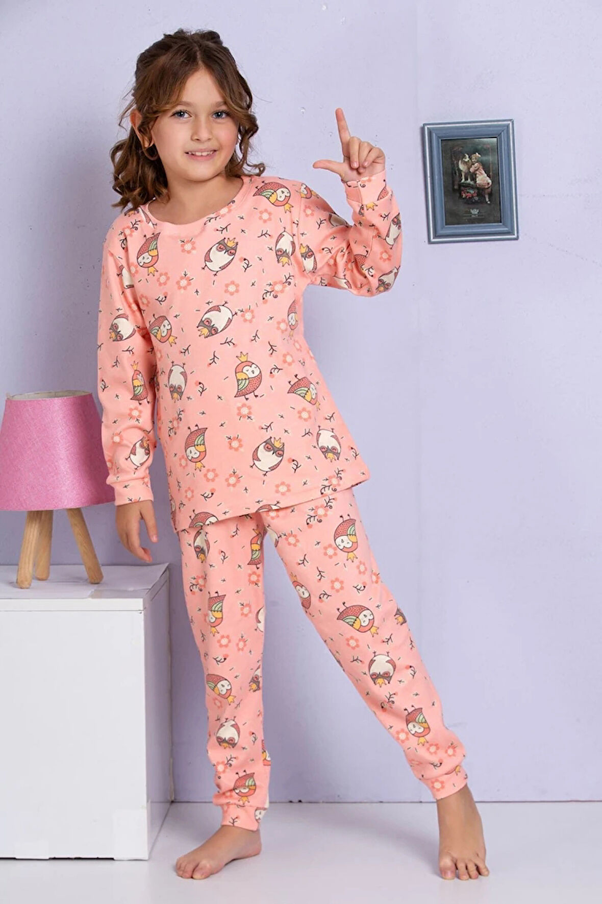 ELMP Somon Baykuş Desenli %100 Pamuk Kız Çocuk Pijama Takımı 1-13 Yaş 4062