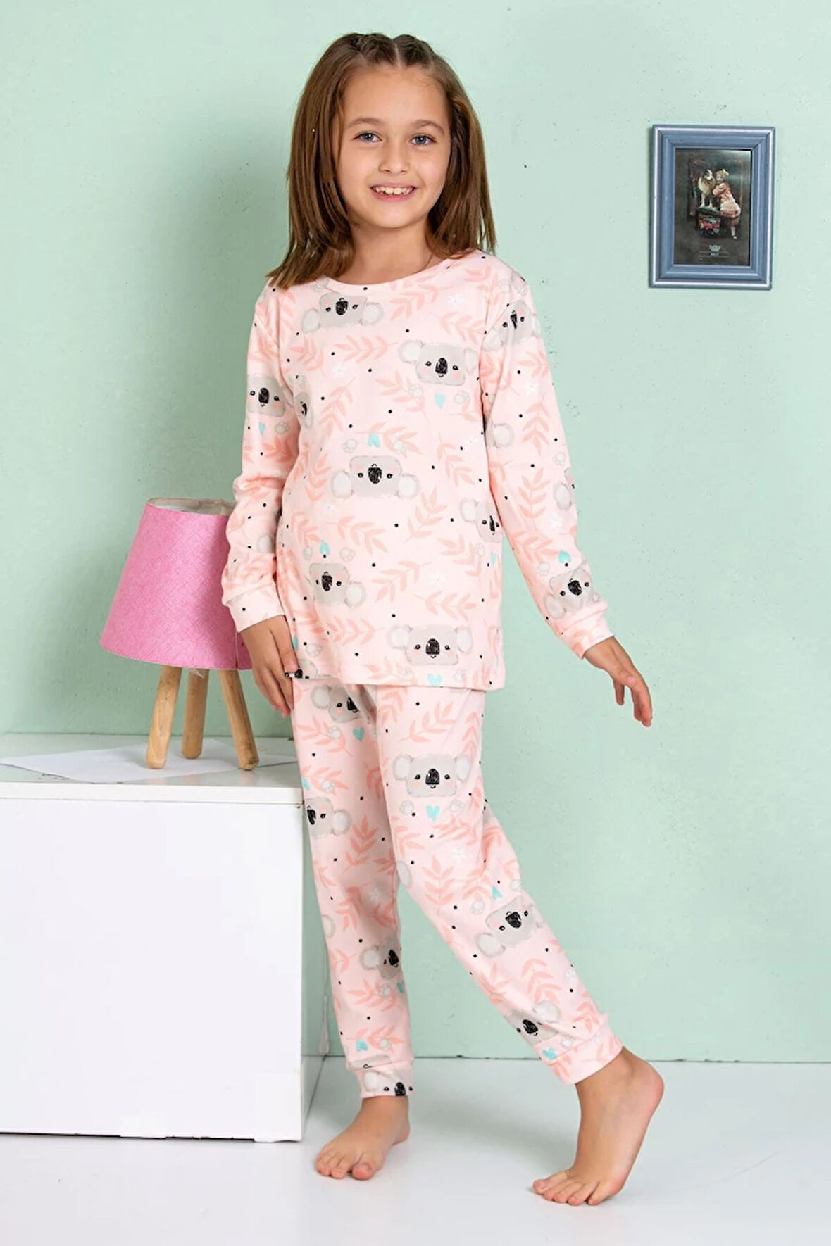 ELMP Pudra Koala Desenli %100 Pamuk Kız Çocuk Pijama Takımı 1-13 Yaş 4063