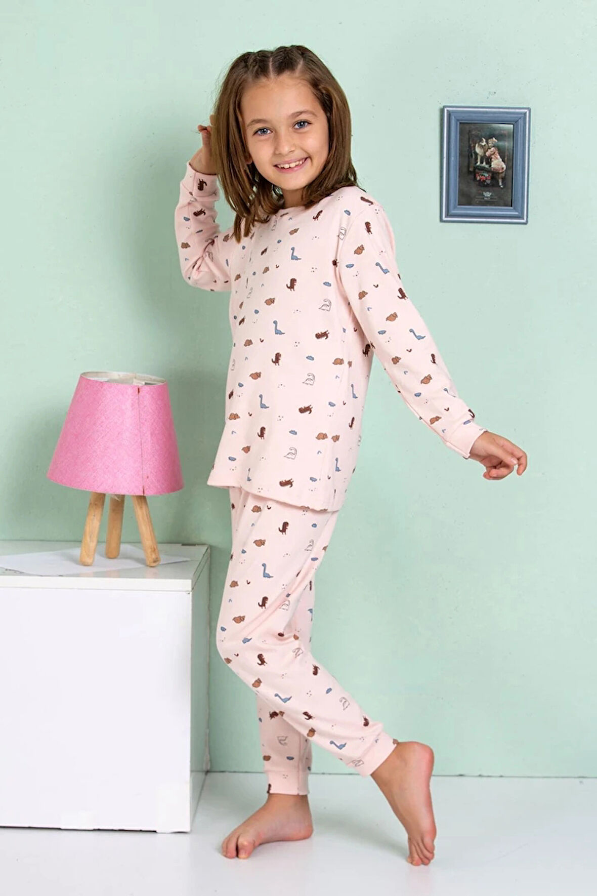 ELMP Pudra Dinazor Desenli %100 Pamuk Kız Çocuk Pijama Takımı 1-9 Yaş 4064/19