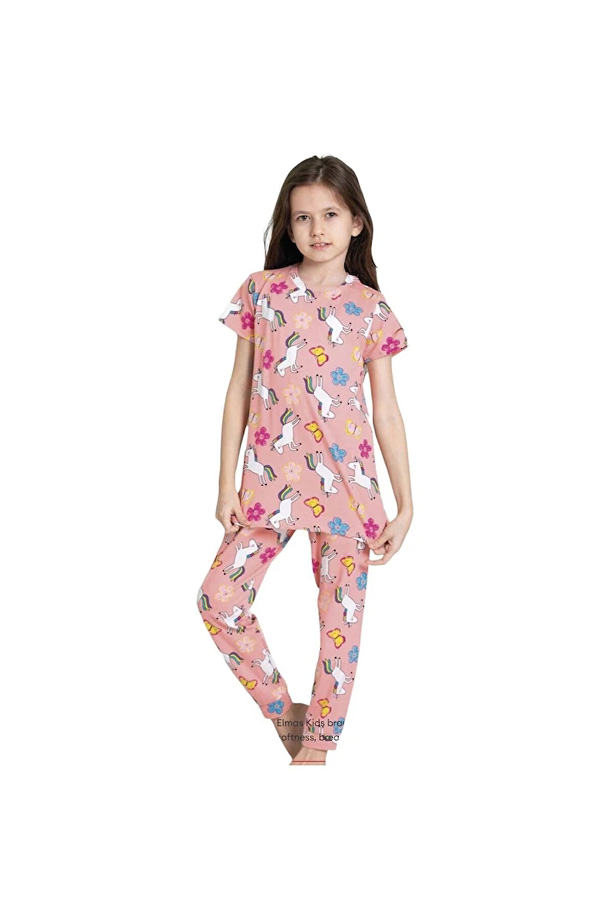 ELMKP Nar çiçeği Desen Kız Çocuk Pijama Takımı 3-10 Yaş 4101