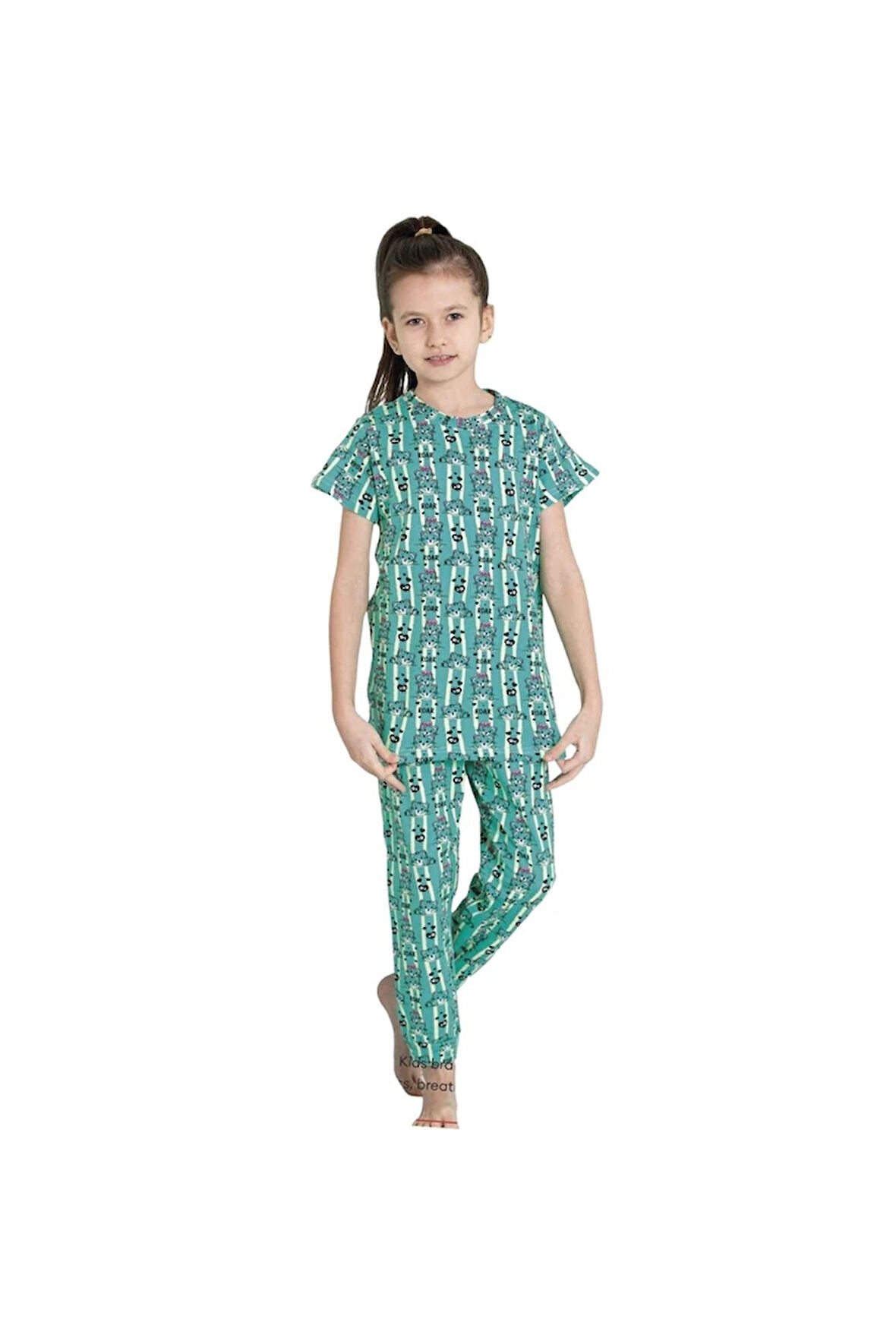ELMKP Yeşil Kedicik Desen Kız Çocuk Pijama Takımı 3-10 Yaş 4105