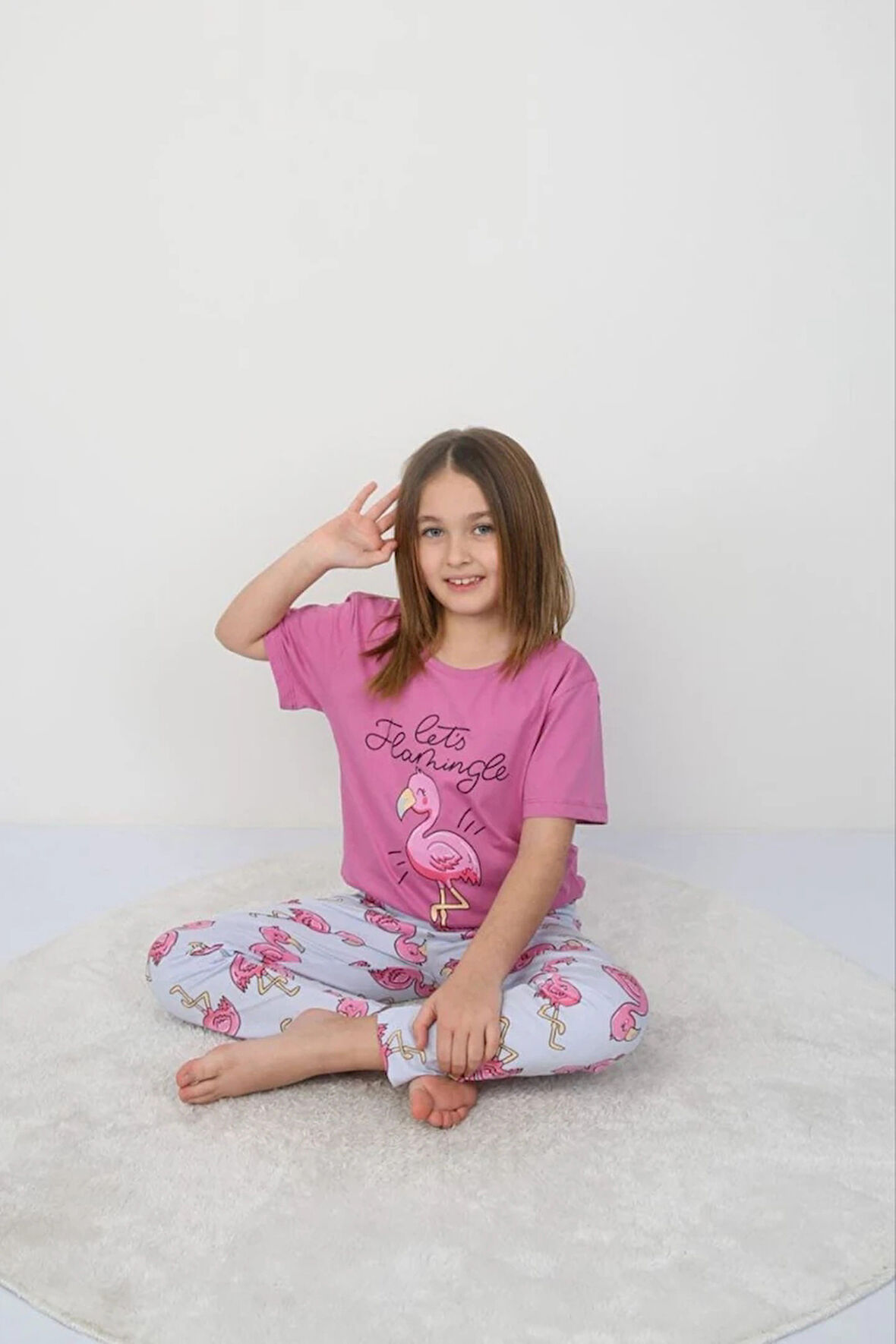 İSOB FuşyaMavi Flamingo Desenli %100 Pamuk Kız Çocuk Kısa Kollu Pijama Takımı 3-8 Yaş 41205-FM