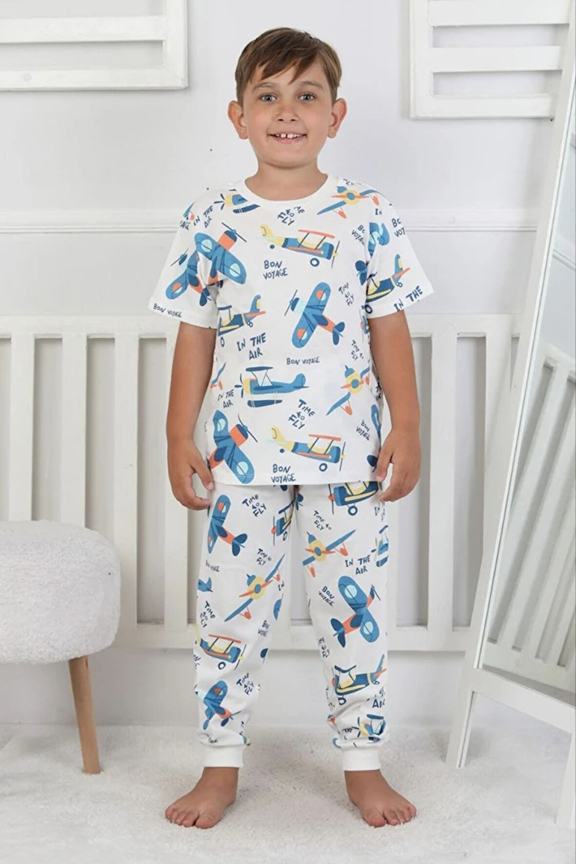 İSOB Ekru Helikopter Desenli %100 Pamuk Erkek Çocuk Kısa Kollu Pijama Takımı 3-8 Yaş 41218-E