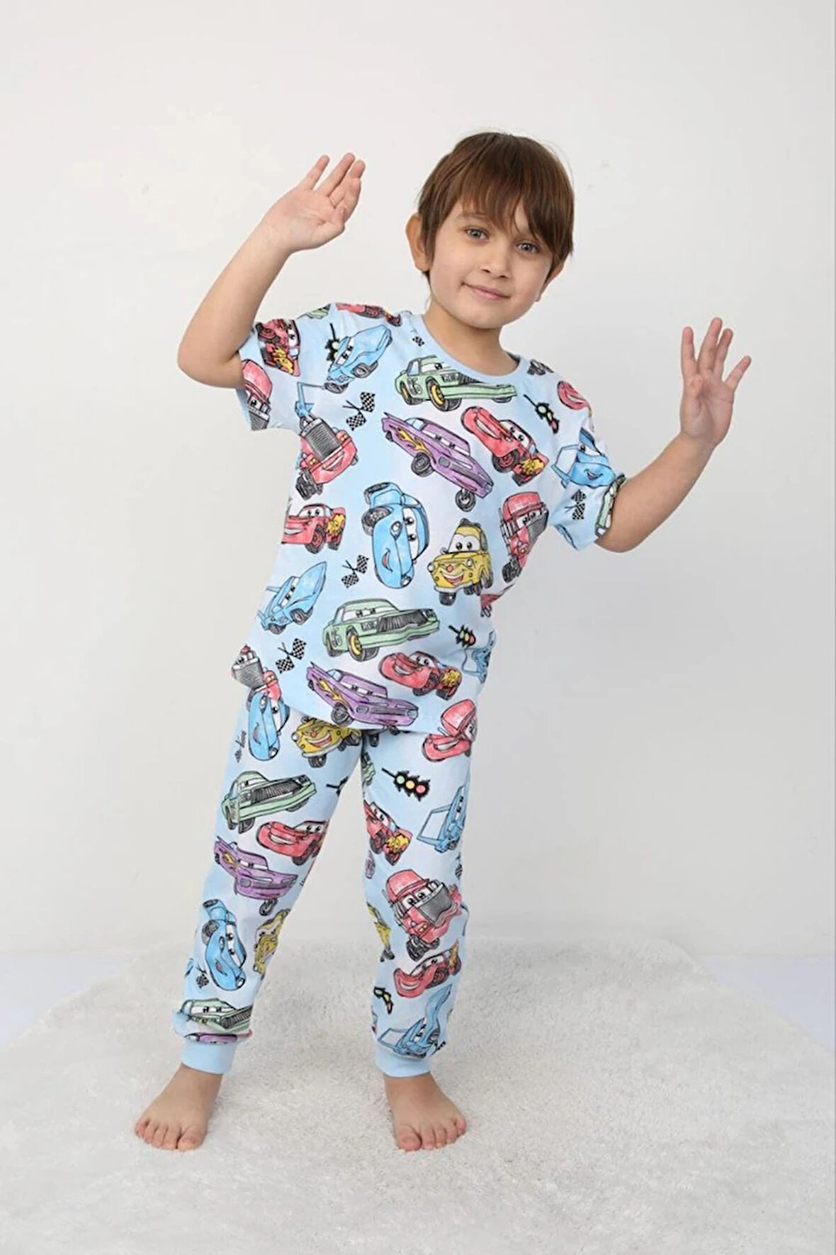 İSOB Mavi Araba Desenli %100 Pamuk Erkek Çocuk Kısa Kollu Pijama Takımı 3-8 Yaş 41315-M