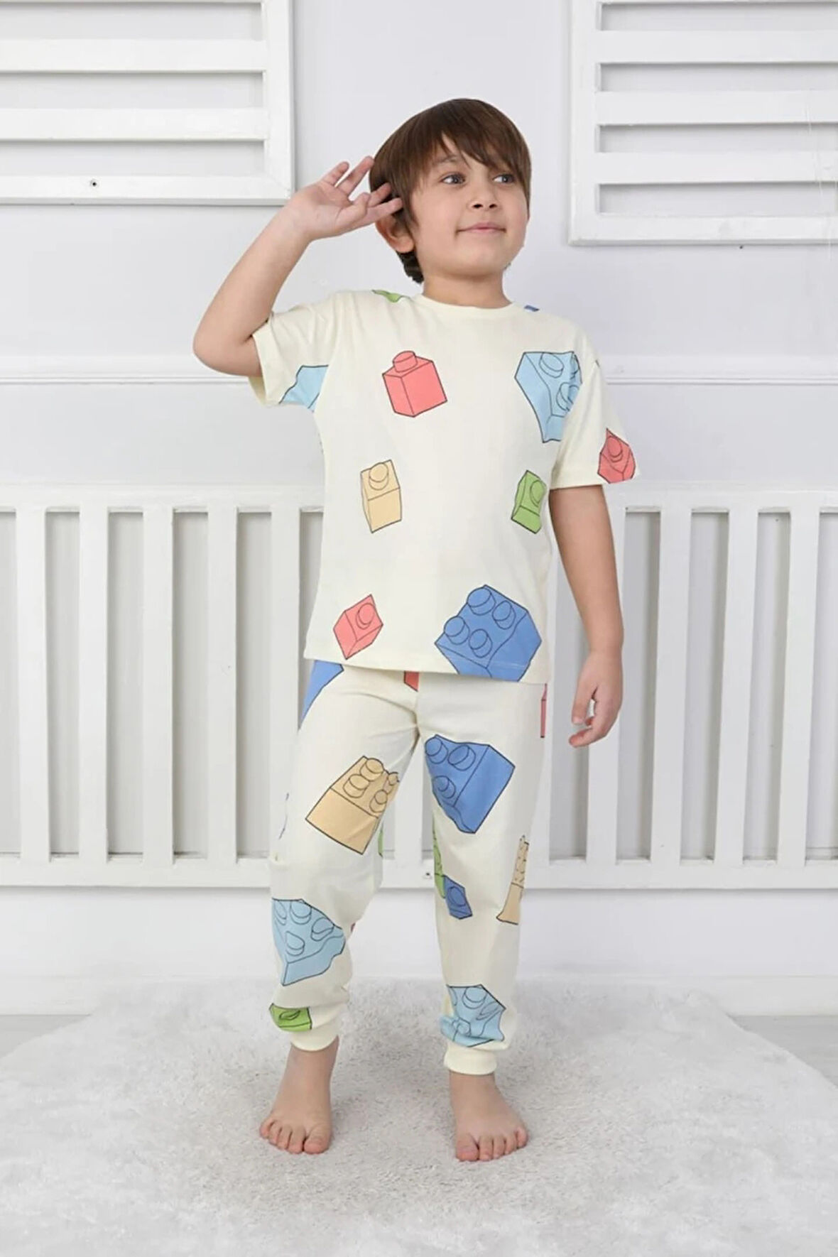 İSOB Ekru Lego Desenli %100 Pamuk Erkek Çocuk Kısa Kollu Pijama Takımı 3-8 Yaş 41316-E