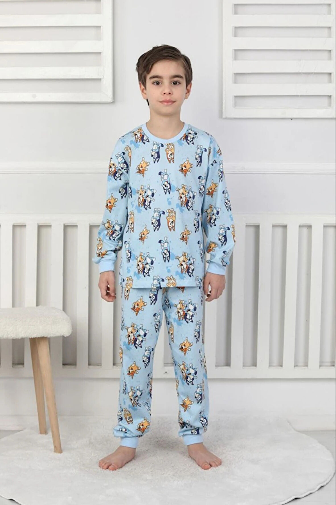 İSOB Mavi Bluey Desenli %100 Pamuk Erkek Çocuk Pijama Takımı 3-8 Yaş 41317-M