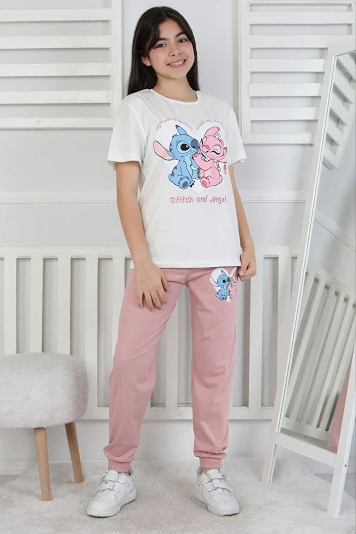 İSOB Ekru Stitch Desenli %100 Pamuk Kız Çocuk Kısa Kollu Pijama Takımı 8-13 Yaş 41415-E