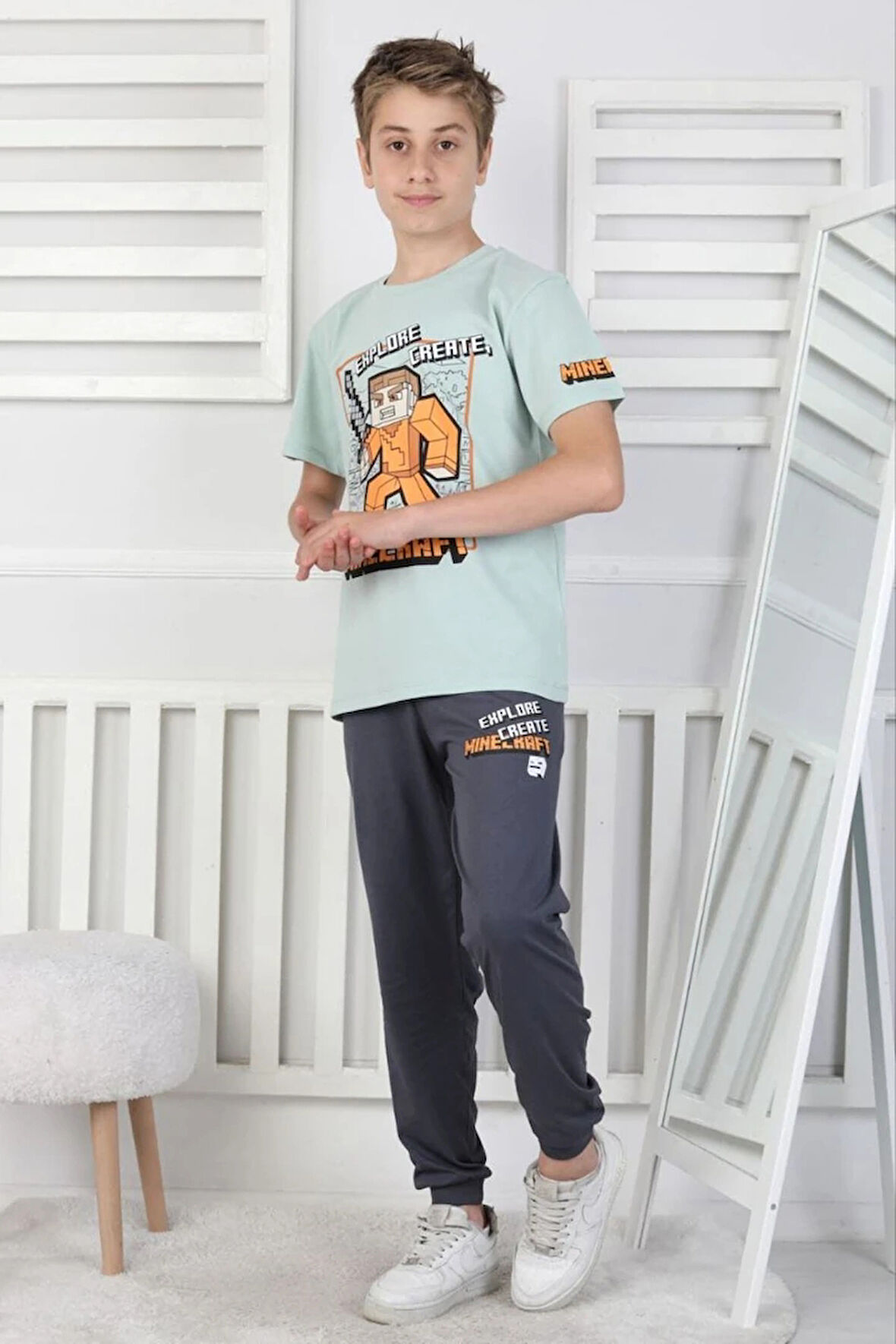 İSOB Yeşil Minec Desenli %100 Pamuk Kısa Kollu Erkek Çocuk Pijama Takımı 8-13 Yaş 41512-Y