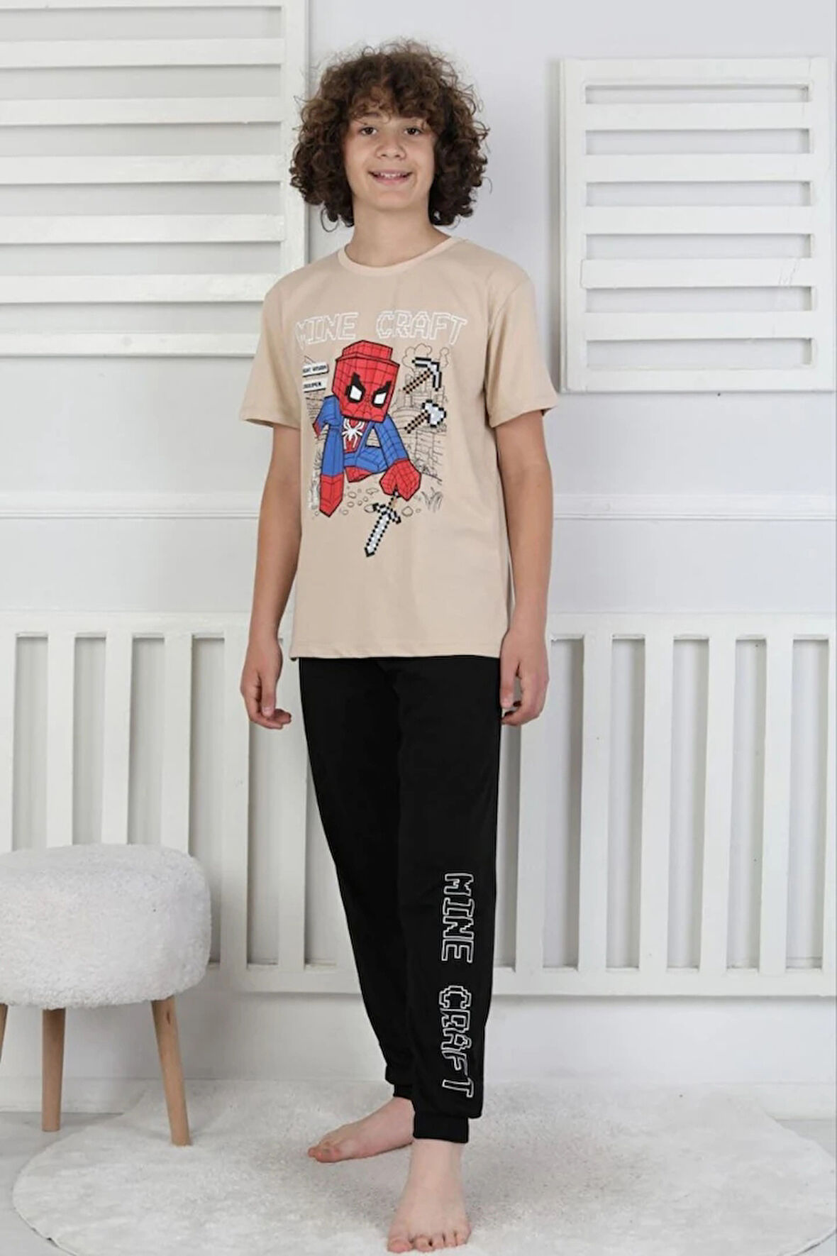 İSOB BeJ Minec Desenli %100 Pamuk Kısa Kollu Erkek Çocuk Pijama Takımı 8-13 Yaş 41514-B