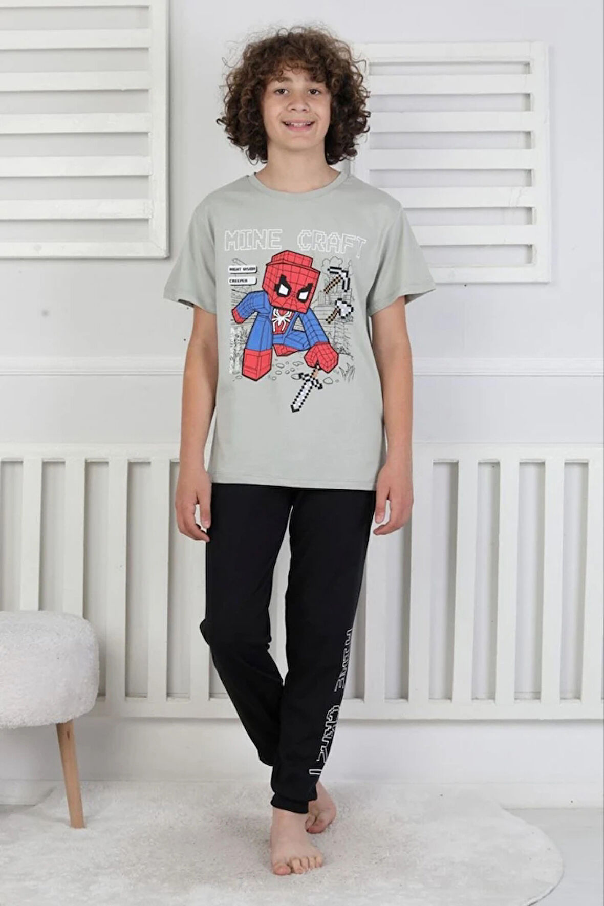 İSOB Gri Minec Desenli %100 Pamuk Kısa Kollu Erkek Çocuk Pijama Takımı 8-13 Yaş 41514-G