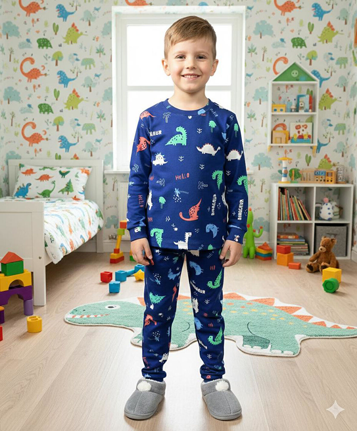 İSOB Lacivert Dinozor Desenli İnterlok %100 Pamuk Erkek Çocuk Pijama Takımı 3-13 Yaş 42002