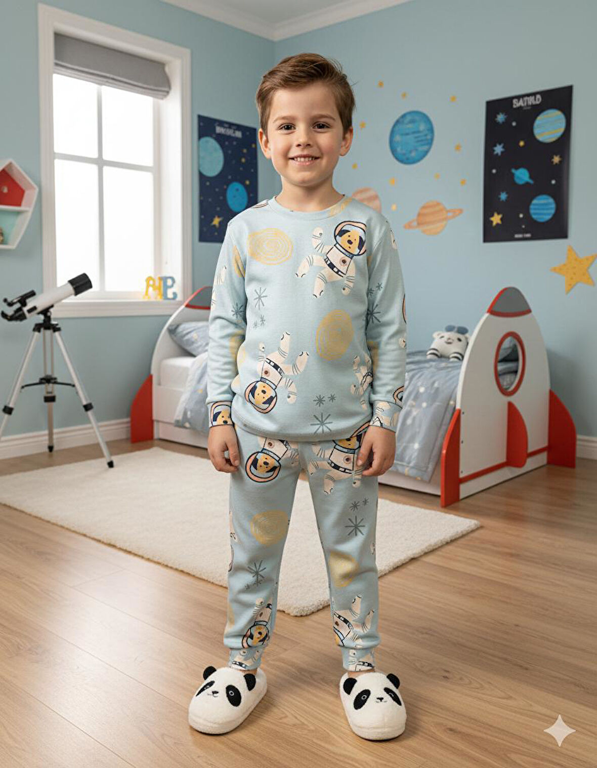 İSOB Astronot Köpüş Desenli İnterlok %100 Pamuk Erkek Çocuk Pijama Takımı 3-13 Yaş 42008