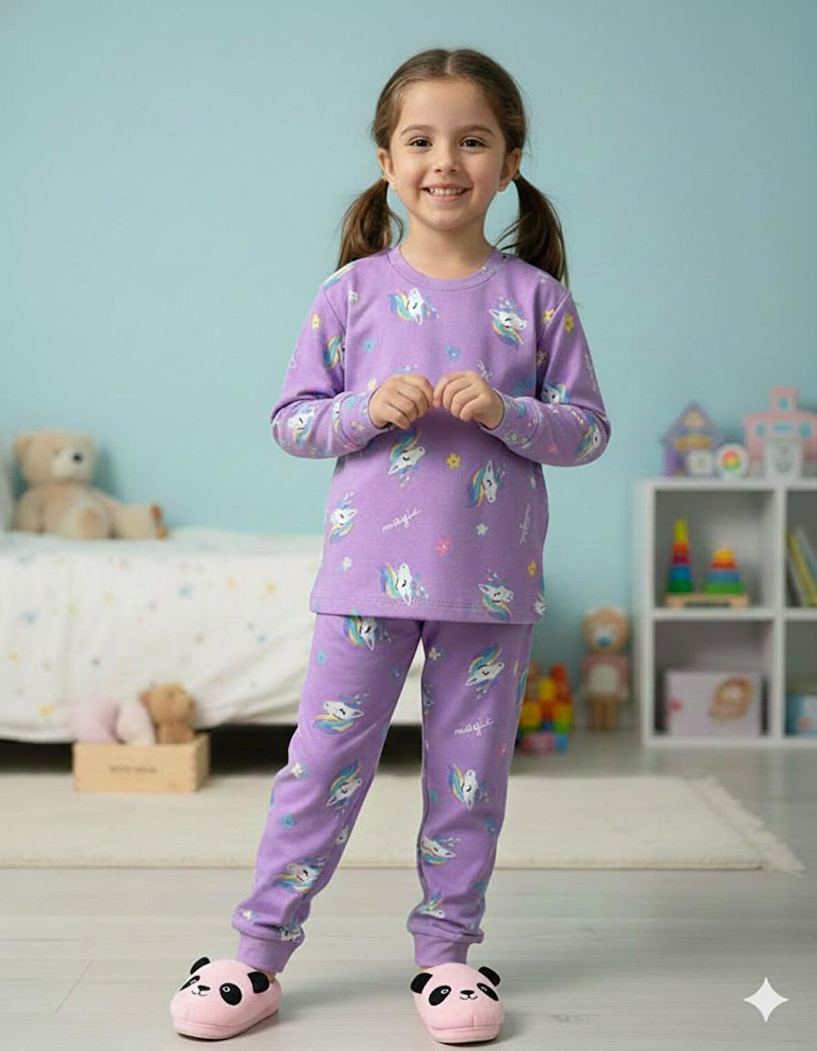 İSOB Lila Unicorn Desenli İnterlok %100 Pamuk Kız Çocuk Pijama Takımı 3-8 Yaş 42009