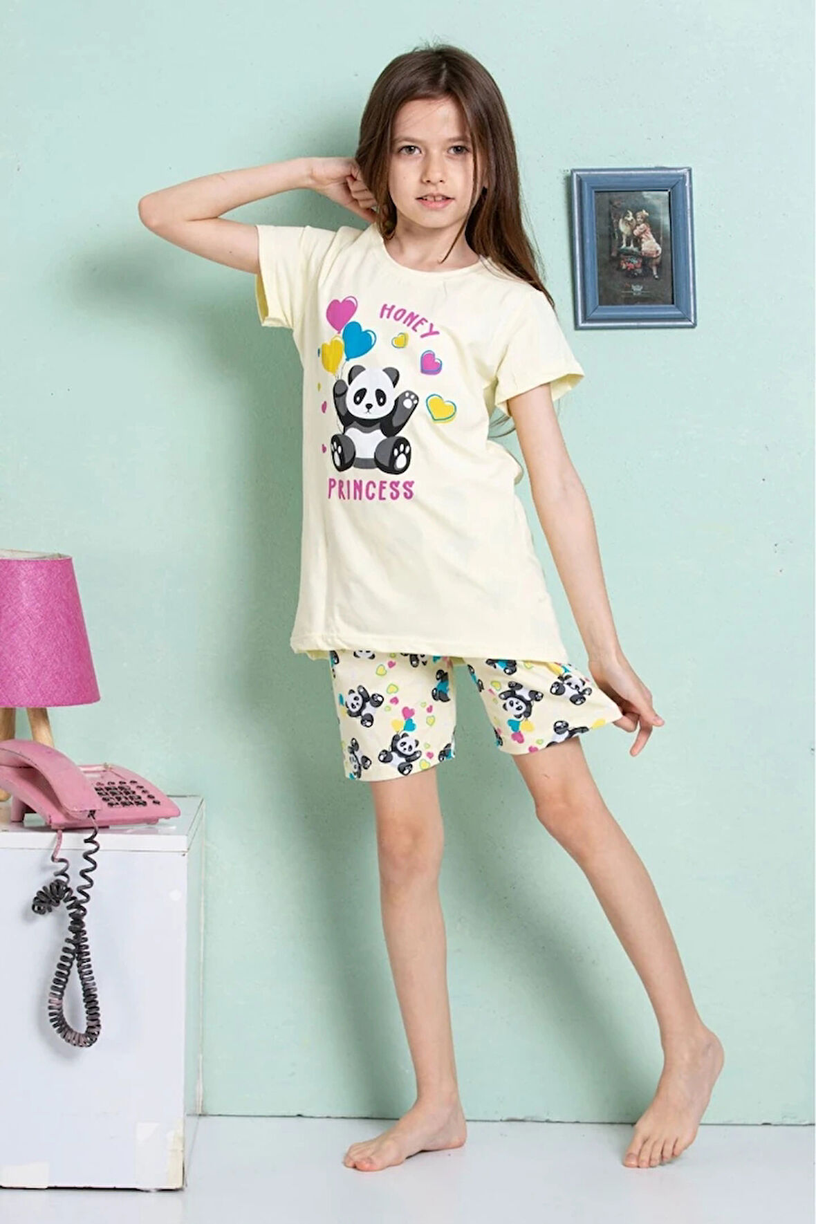ELMKP Sarı Panda Desen Kız Çocuk Şortlu Pijama Takımı 3-10 Yaş 4204