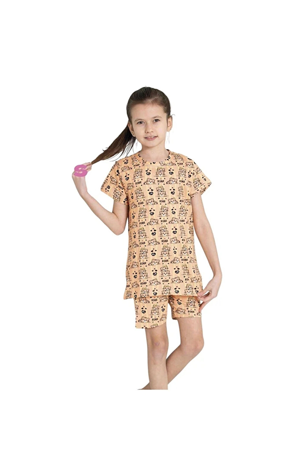 ELMKP Pudra Kedicik Desen Kız Çocuk Şortlu Pijama Takımı 3-10 Yaş 4208