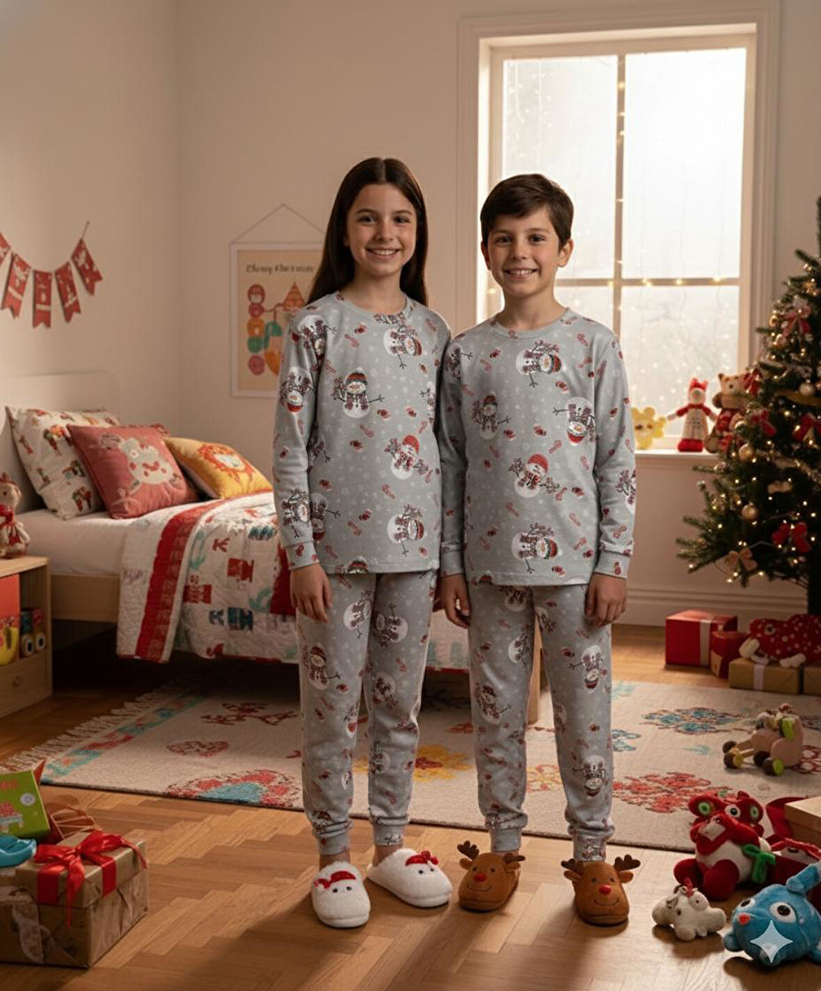 İSOB Gri Yeni Yıl Desenli İnterlok %100 Pamuk Unisex Kız ve Erkek Çocuk Pijama Takımı 3-13 Yaş 4226-G