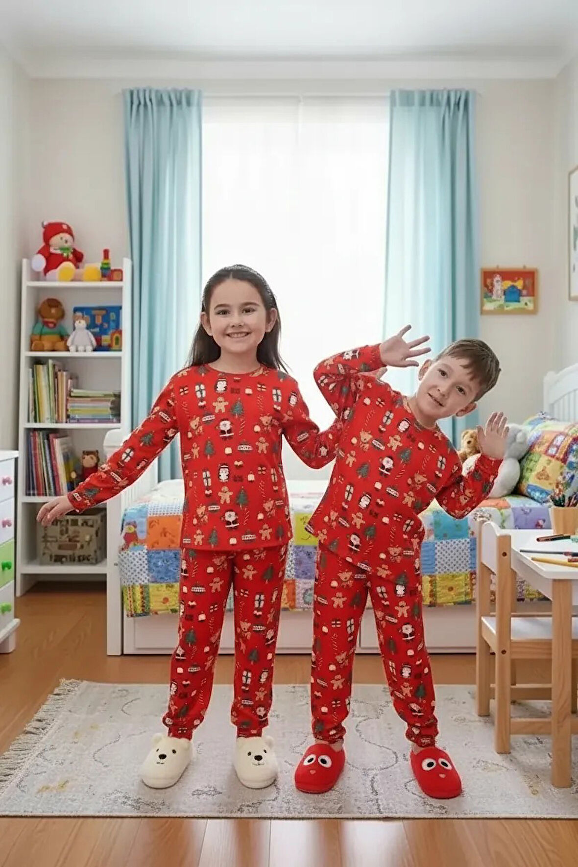 İSOB Kırmızı Yeni Yıl Desenli İnterlok %100 Pamuk Unisex Kız ve Erkek Çocuk Pijama Takımı 3-13 Yaş 42226-K