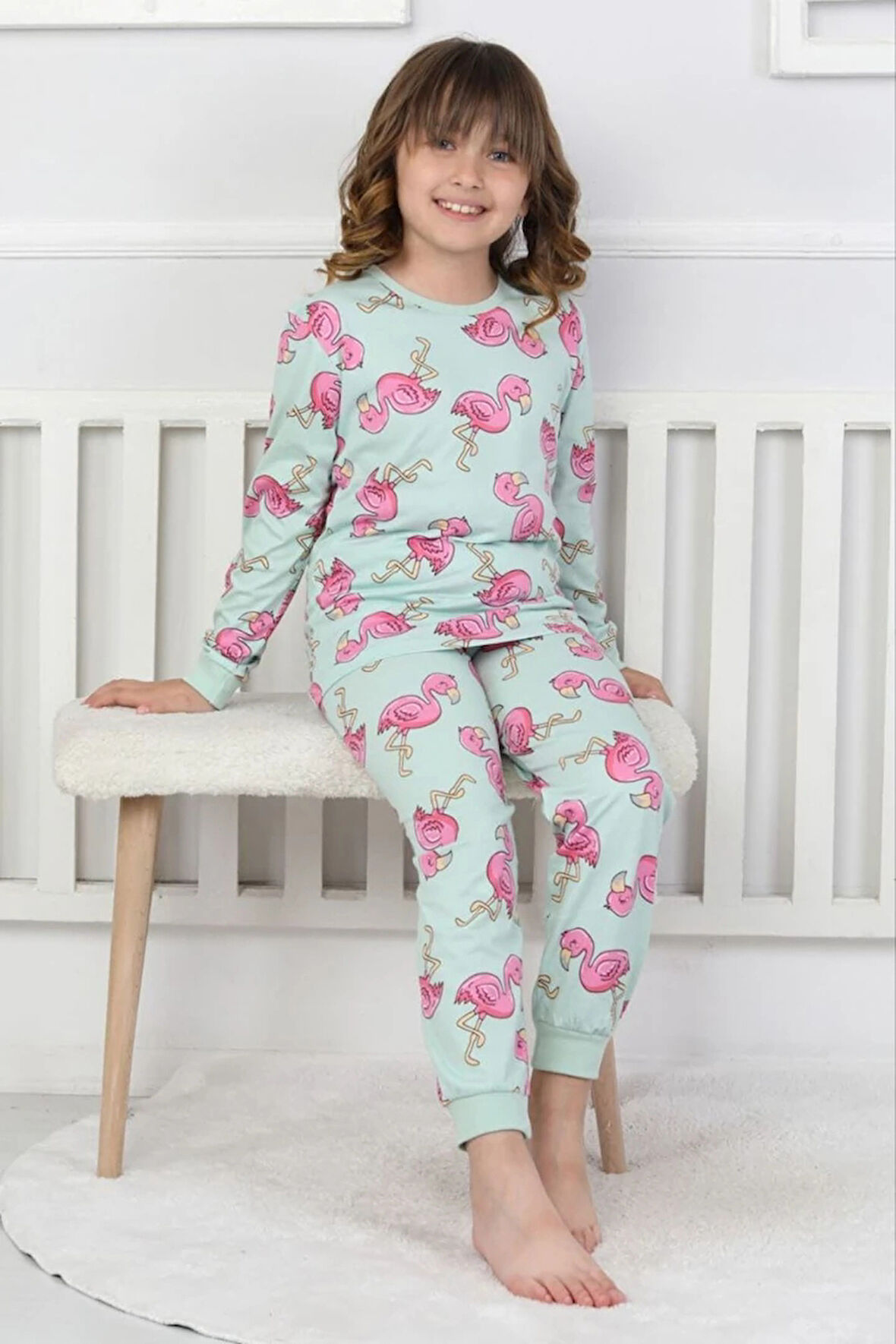 İSOB Yeşil Flamingo Desenli %100 Pamuk Kız Çocuk Pijama Takımı 3-8 Yaş 51203-Y
