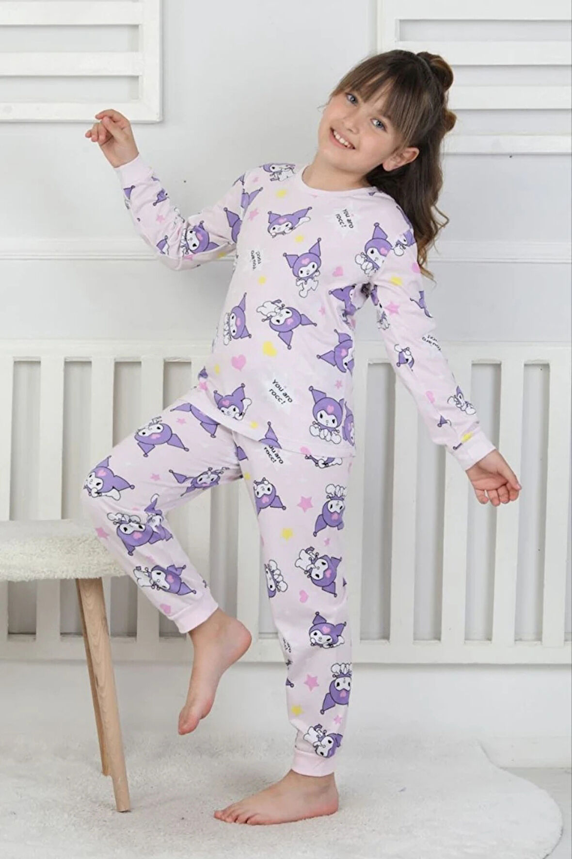 İSOB Pembe Kuromi Desenli %100 Pamuk Kız Çocuk Pijama Takımı 3-8 Yaş 51205-P