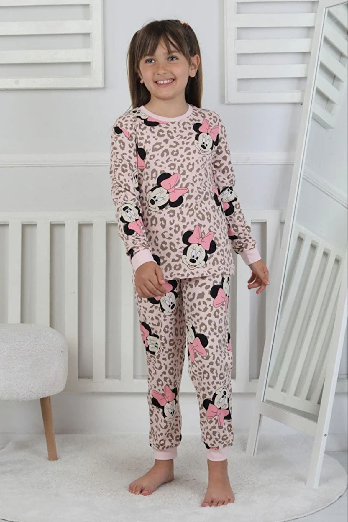 İSOB Pembe Minnie Mause Desenli %100 Pamuk Kız Çocuk Pijama Takımı 3-8 Yaş 51208-P