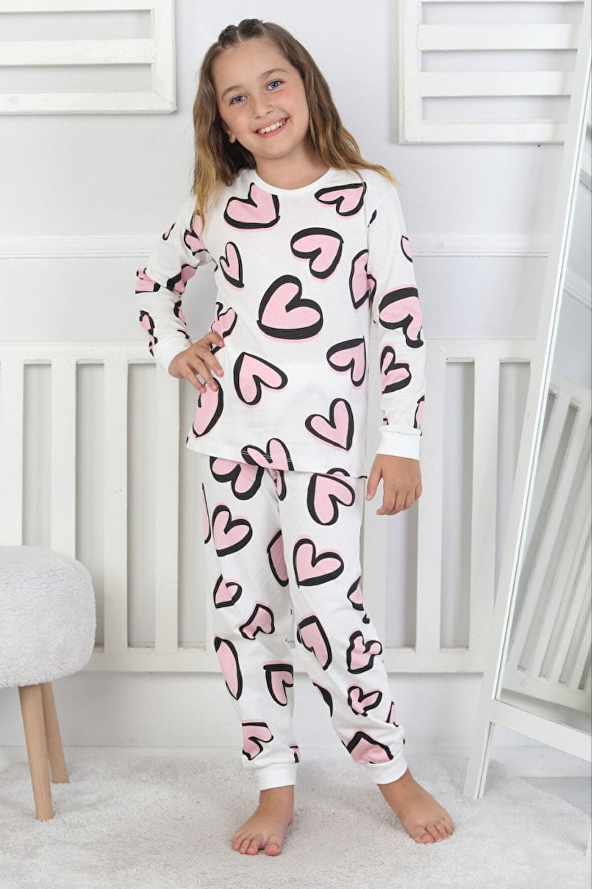 İSOB Ekru Kalp Desenli %100 Pamuk Kız Çocuk Pijama Takımı 3-8 Yaş 51221