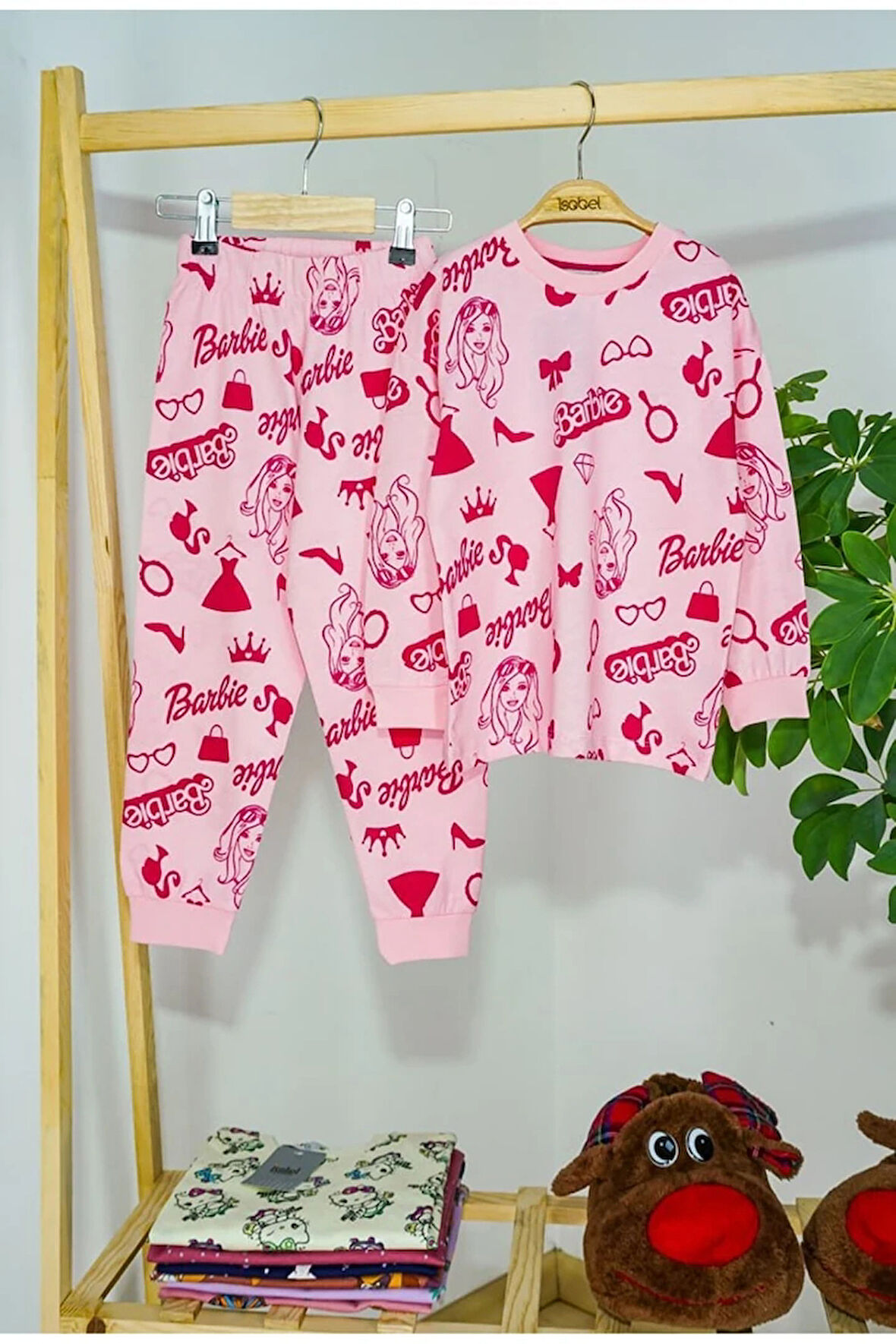 İSOB Pembe Barb Desenli %100 Pamuk Kız Çocuk Pijama Takımı 3-9 Yaş 51222-P