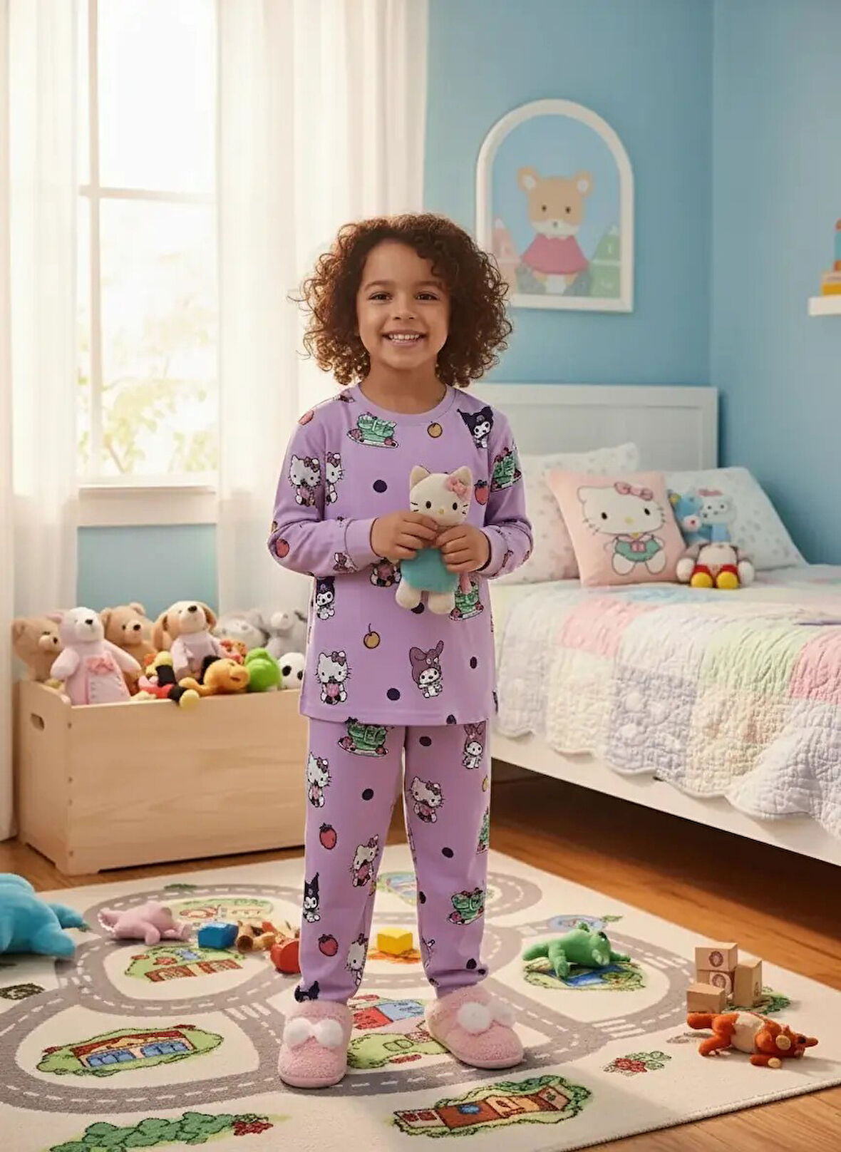 İSOB Lila Kuromi ve Hello Kitty Desenli %100 Pamuk Kız Çocuk Pijama Takımı 3-13 Yaş 51232-51424