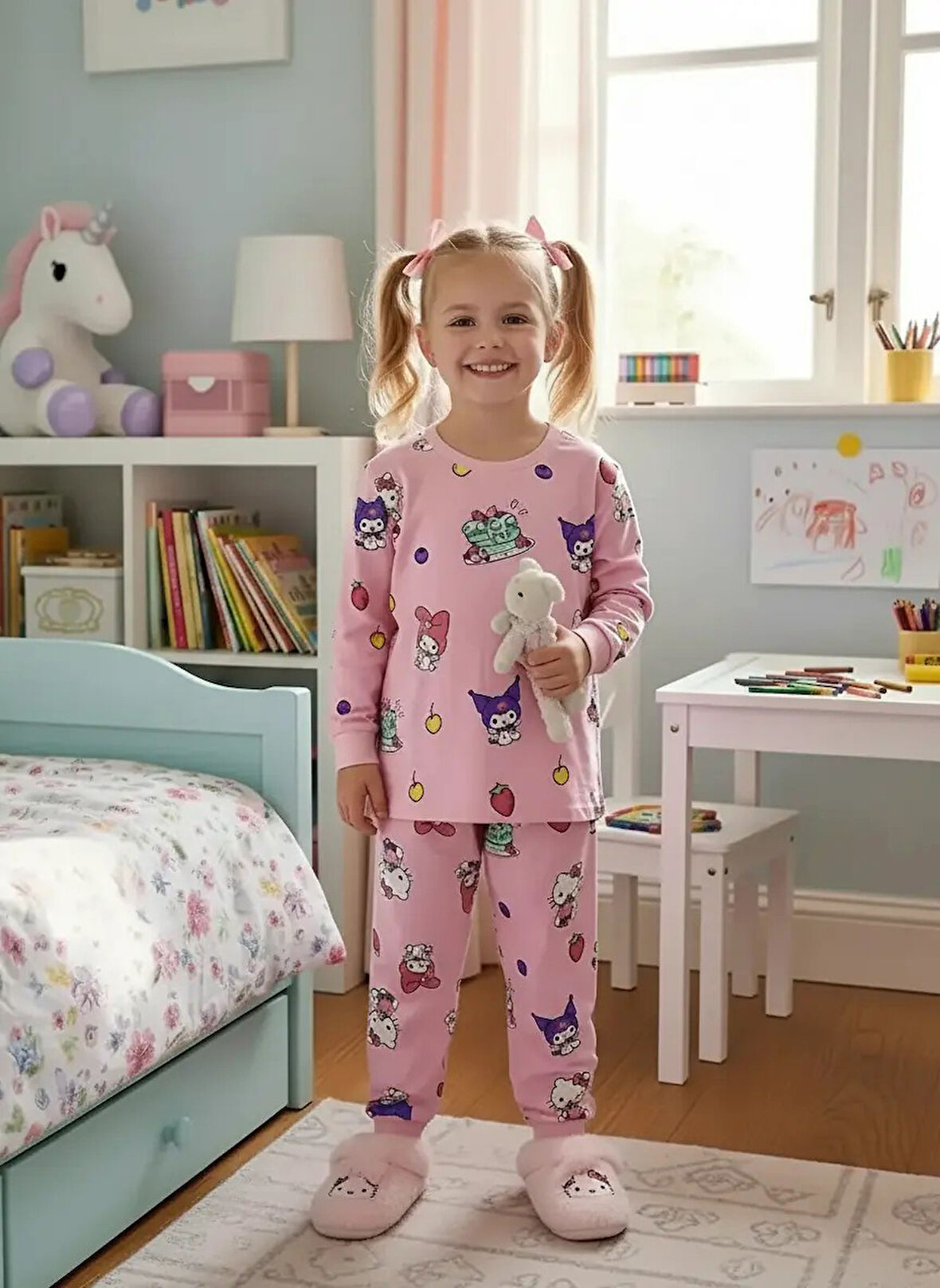 İSOB Pembe Kuromi ve Hello Kitty Desenli %100 Pamuk Kız Çocuk Pijama Takımı 3-13 Yaş 51237-51429