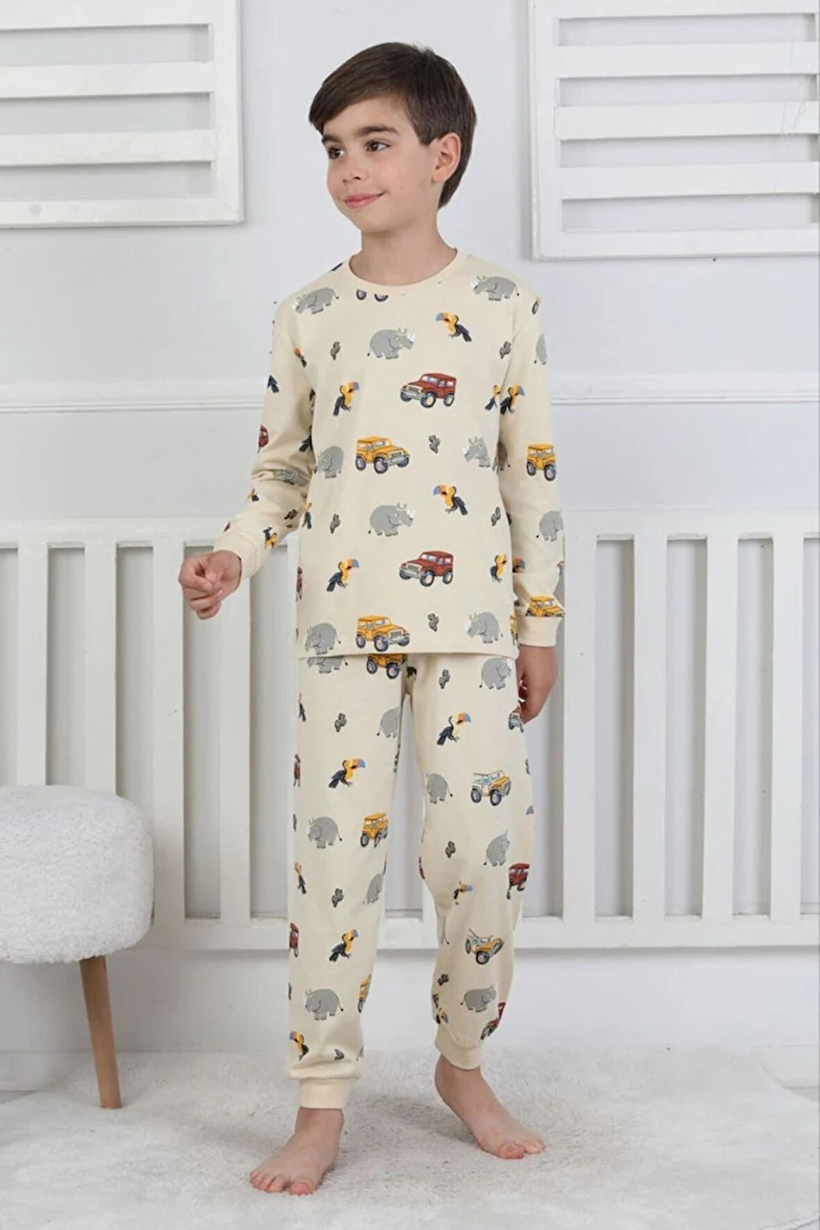 İSOB Bej Safari Desenli %100 Pamuk Erkek Çocuk Pijama Takımı 3-8 Yaş 51301-B