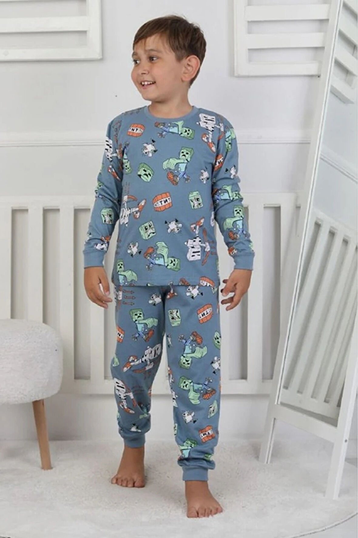 İSOB Mavi Minec Desenli %100 Pamuk Erkek Çocuk Pijama Takımı 3-8 Yaş 51305-M