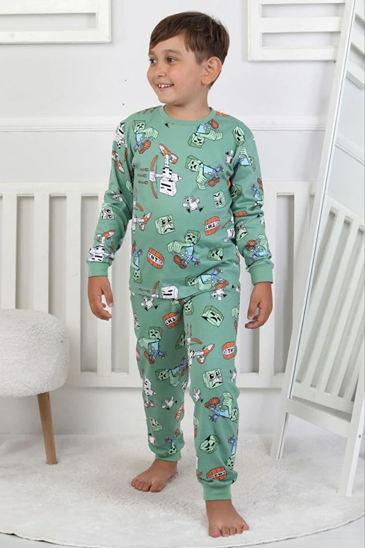 İSOB Yeşil Minec Desenli %100 Pamuk Erkek Çocuk Pijama Takımı 3-8 Yaş 51305-Y