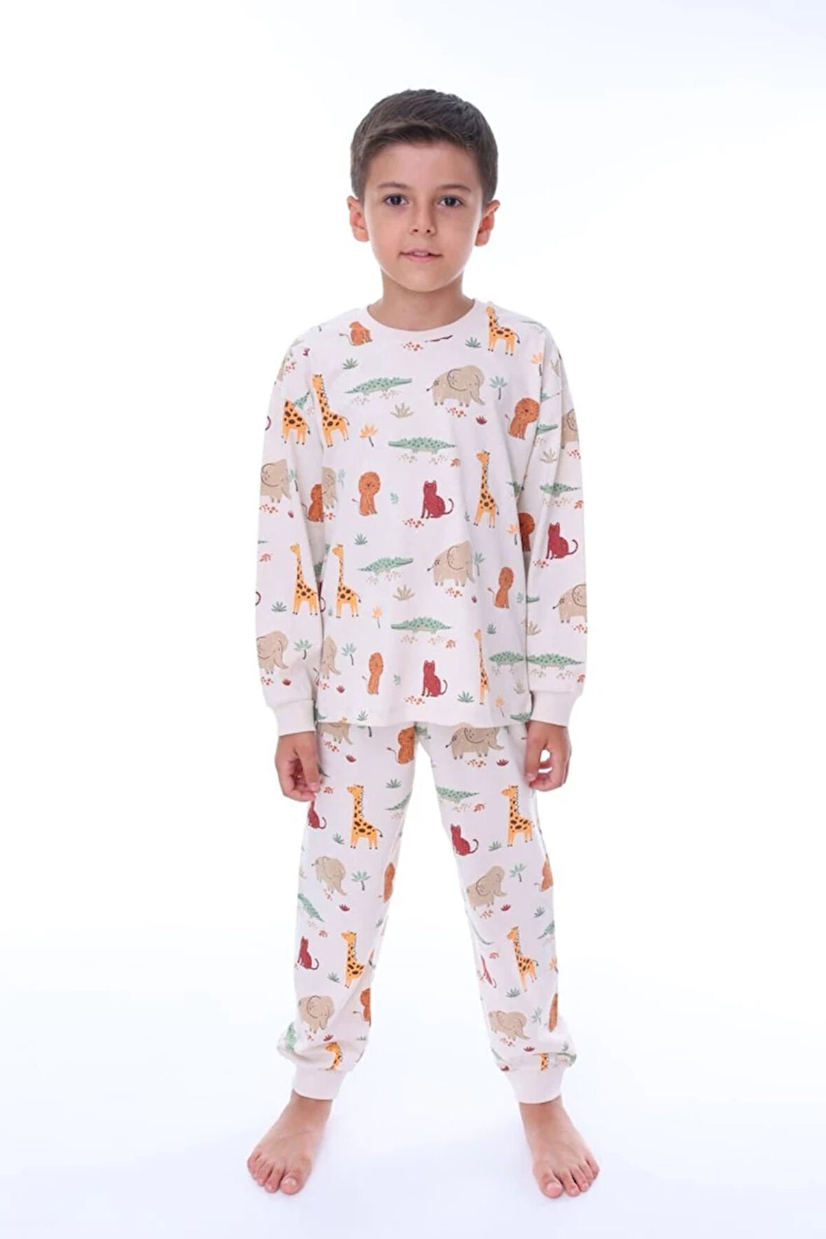 İSOB Ekru Hayvanlar Alemi Desenli %100 Pamuk Erkek Çocuk Pijama Takımı 3-8 Yaş 51308-E