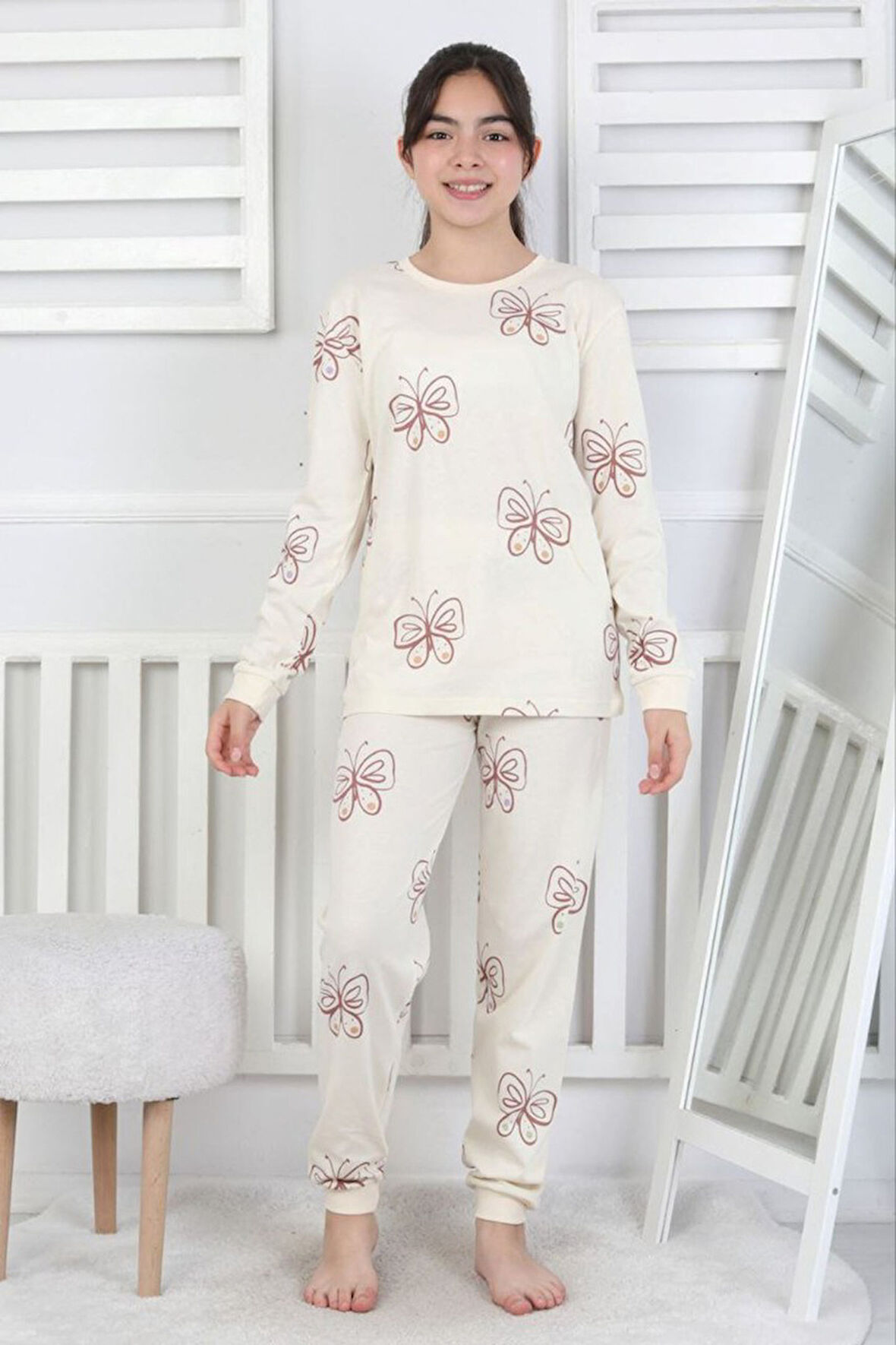 İSOB Ekru Kelebek Desenli %100 Pamuk Kız Çocuk Pijama Takımı 8-13 Yaş 51406-E