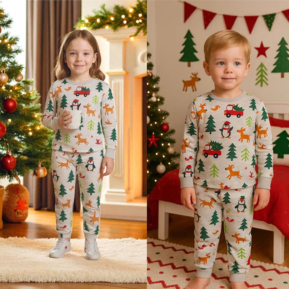 İSOB Gri Yeni Yıl Desenli %100 Pamuk Kız ve Erkek Çocuk Pijama Takımı 3-13 Yaş 51509