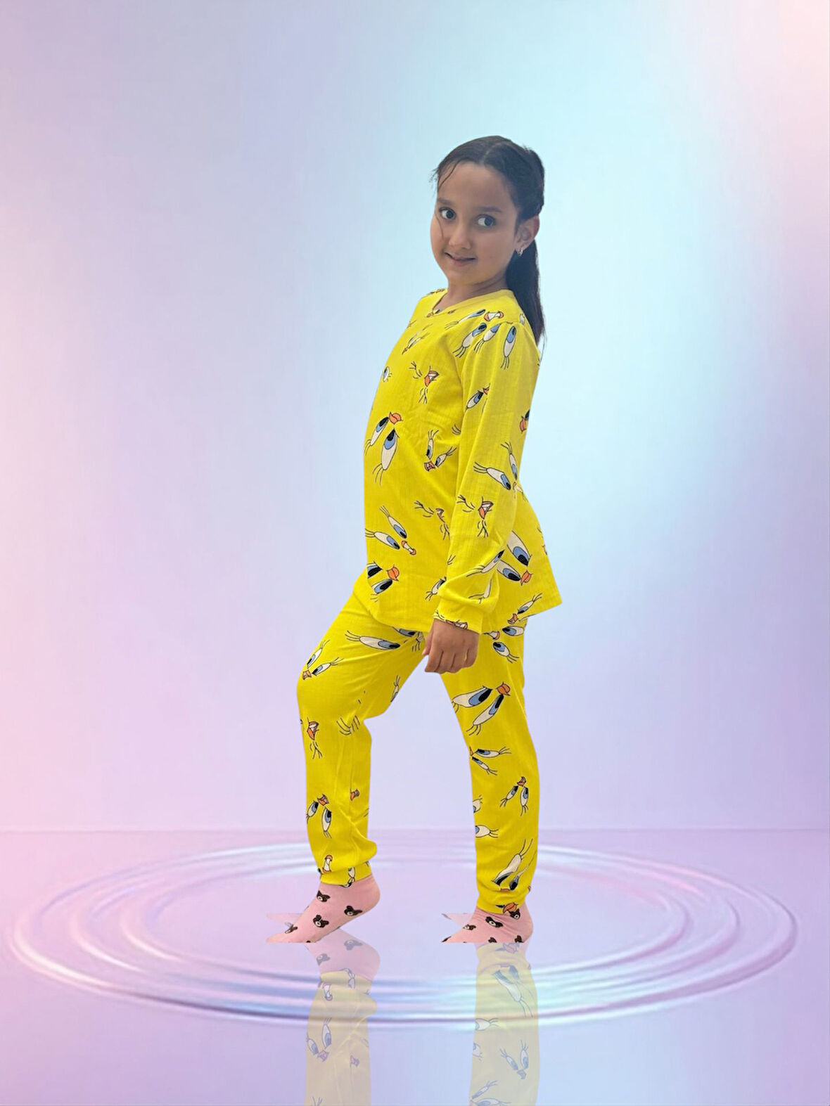 YAĞMUR GİYİM Sarı Desenli %100 Pamuk Unisex Çocuk Pijama Takımı 3-12 Yaş 1000