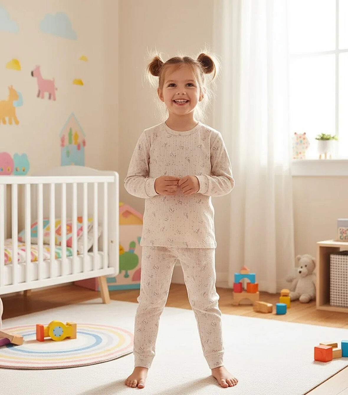 YAĞMUR Pembe Miniş Tavşan Desenli %100 Pamuk Fitilli Kumaş Kız Çocuk Pijama Takımı 3-12 Yaş 1002