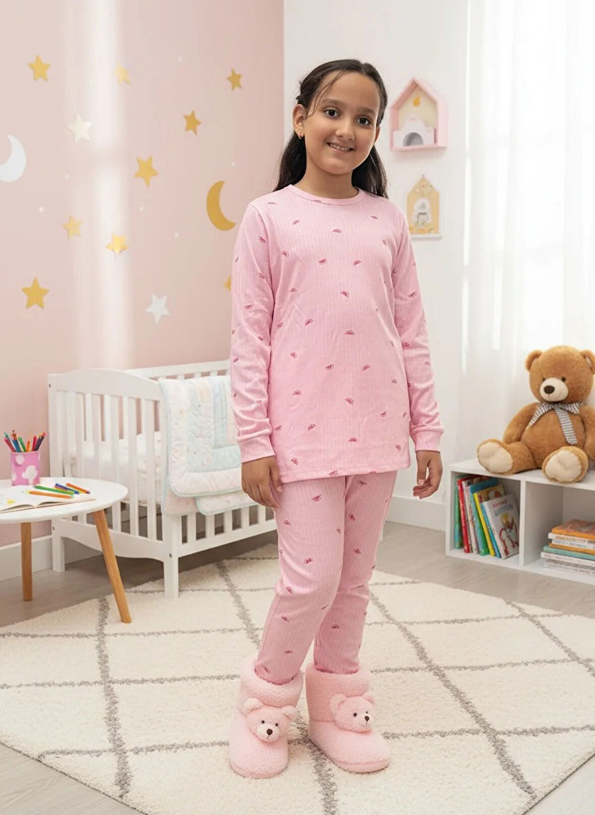YAĞMUR Pembe Kapruz Desenli %100 Pamuk Fitilli Kumaş Kız Çocuk Pijama Takımı 1-12 Yaş 1004