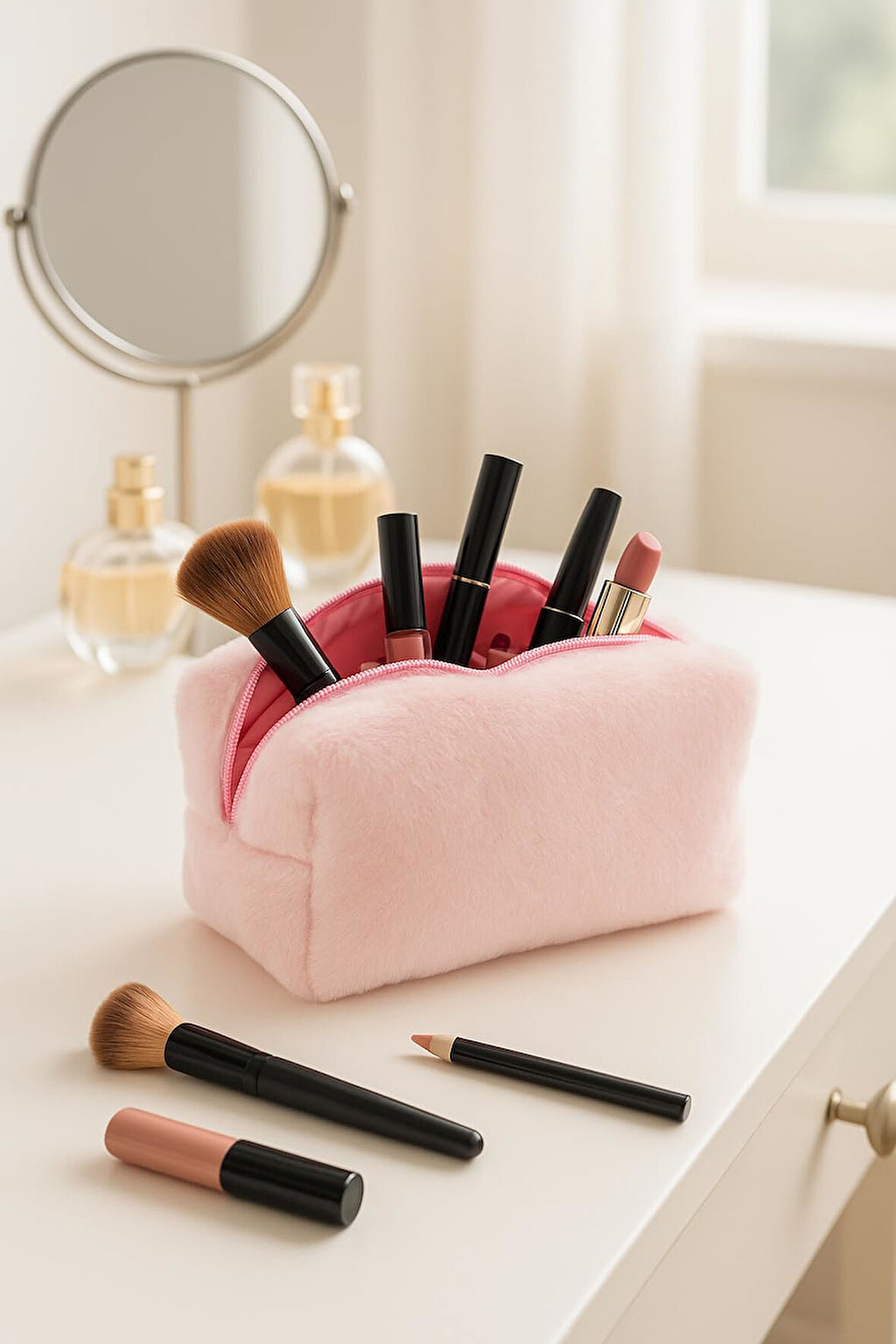 Peluş Yumuşacık Makyaj Çantası - Kozmetik Organizeri Pembe