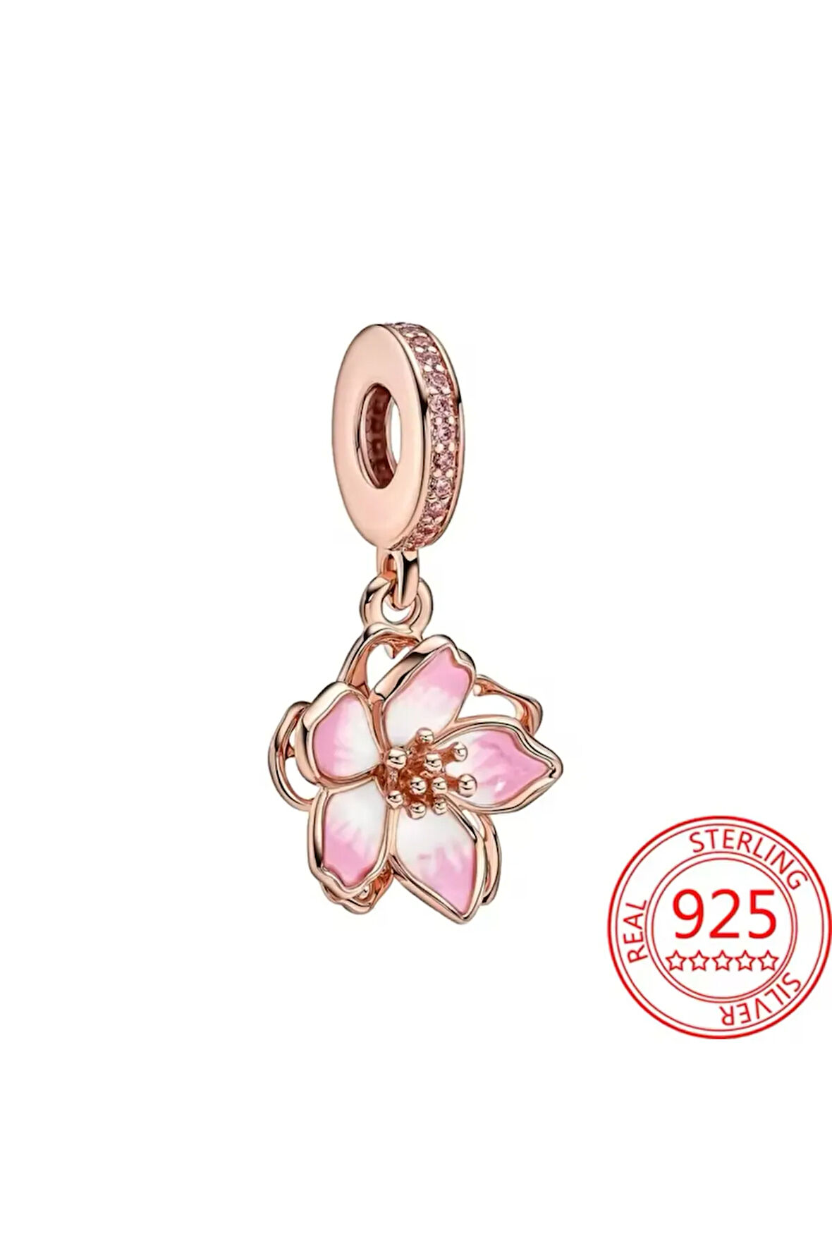 Pembe Gümüş Kiraz Çiçeği Sallantılı Gümüş Charm